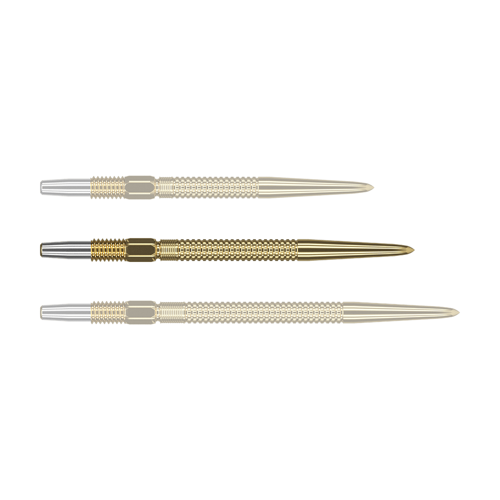 Target Swiss Point Nano Dartspitzen - Black Das Bild zeigt drei goldene Dartspitzen des Produkts „Target Swiss Point GRD Gold Dartspitzen“. Die Spitzen haben ein silbernes Gewinde und ein geriffeltes Design für besseren Halt.