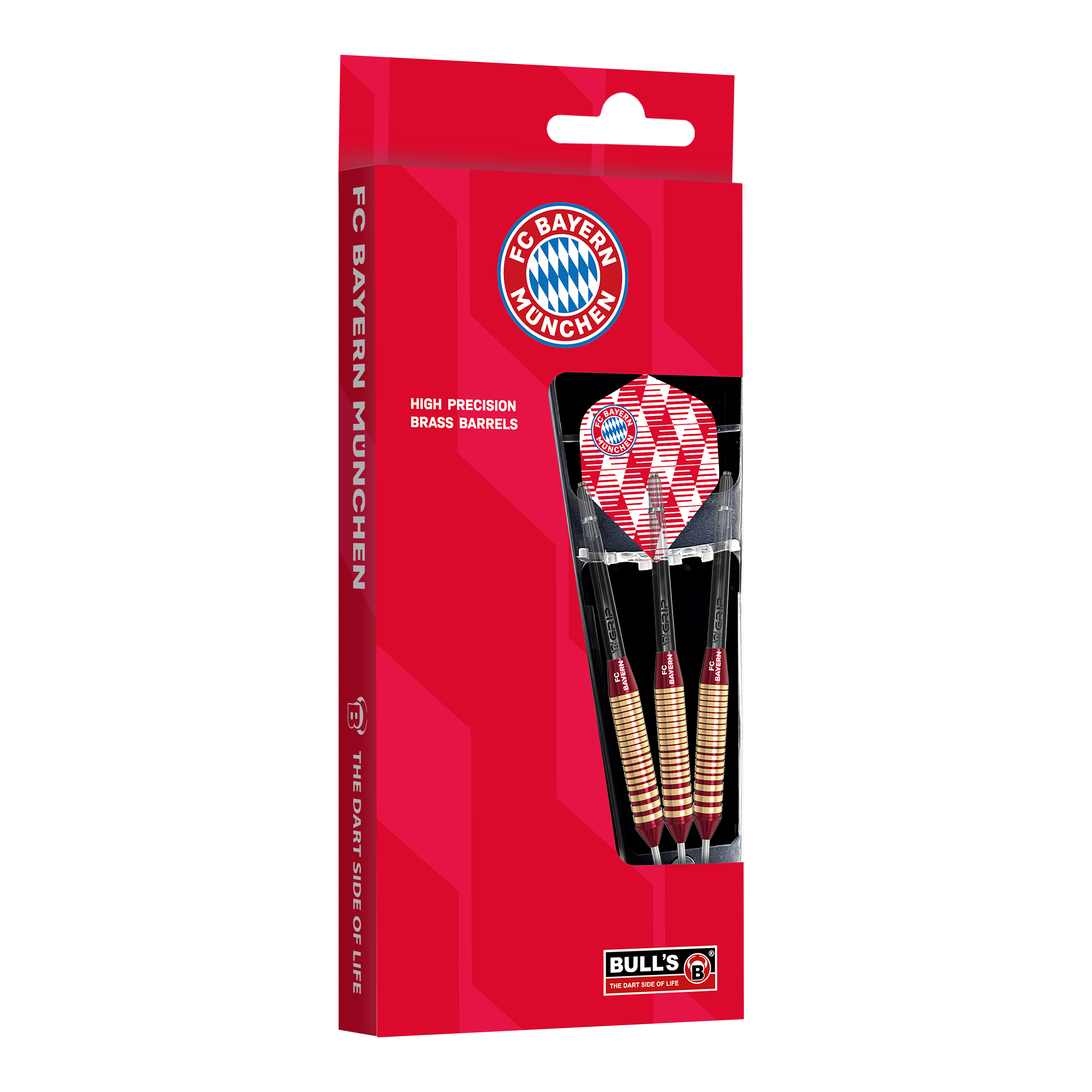 Das Bild zeigt die Bulls FC Bayern München Brass Steeldarts mit 21 Gramm Gewicht. Die Darts sind im Design des Fußballvereins FC Bayern München gehalten.