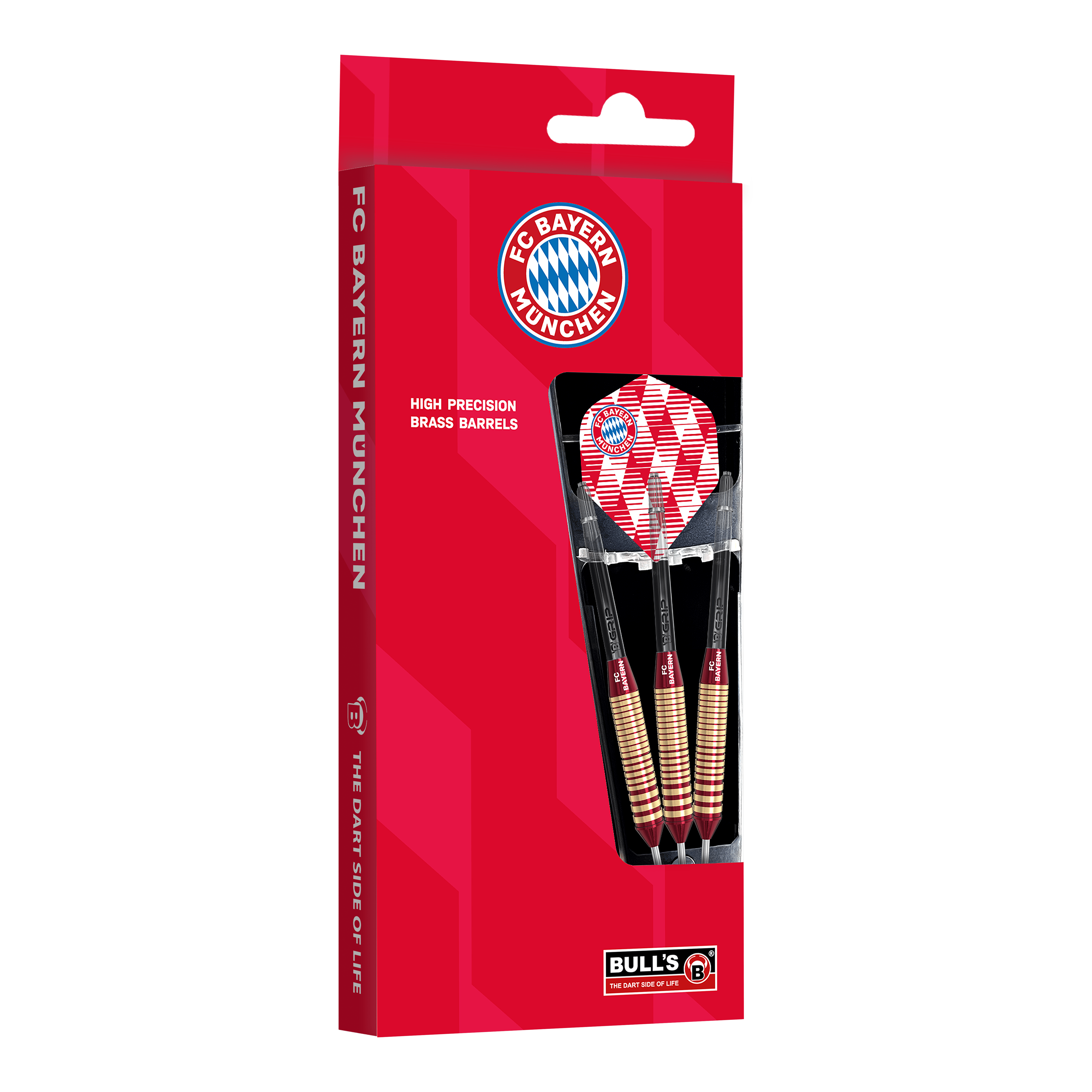 Bulls FC Bayern Munich Brass Steel Darts - 21g Das Bild zeigt die Bulls FC Bayern München Brass Steeldarts mit 21 Gramm Gewicht. Die Darts sind im Design des Fußballvereins FC Bayern München gehalten.