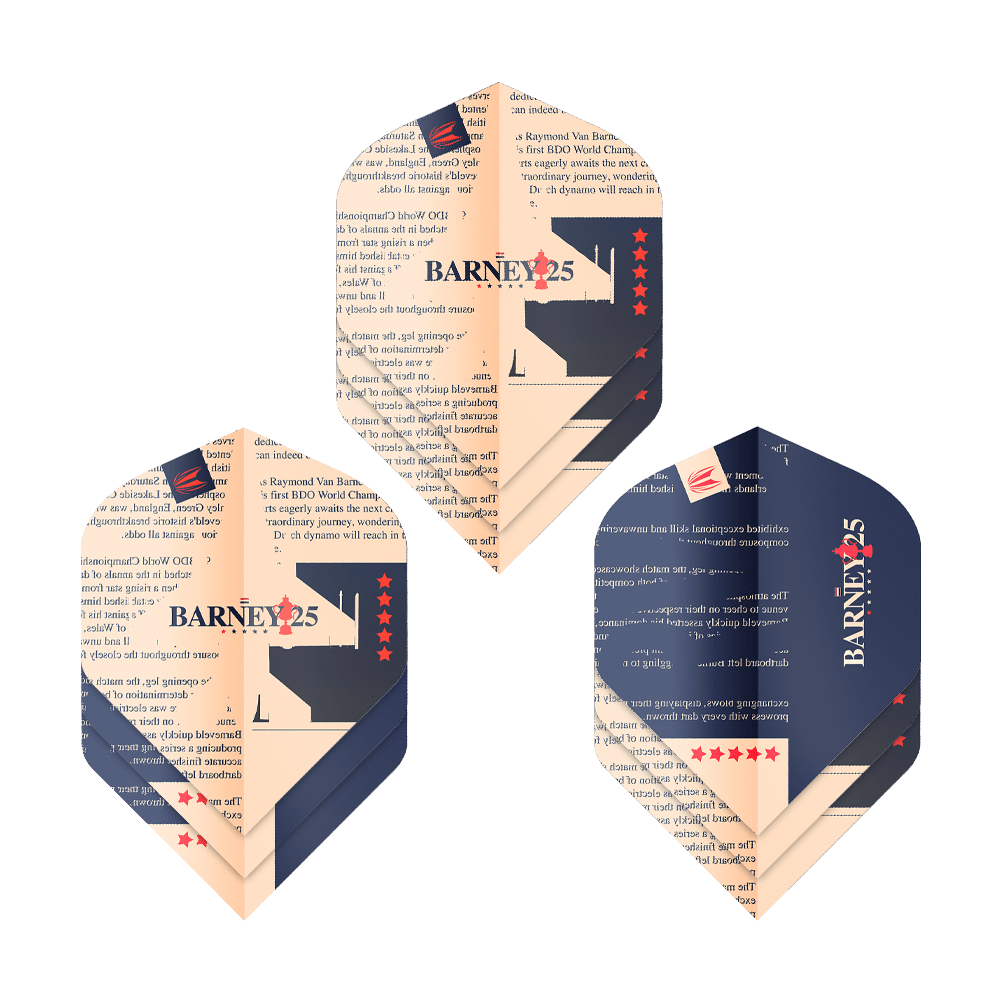 Target ProUltra Raymond Van Barneveld Barney25 Standard Flights Das Bild zeigt drei Sätze von Target ProUltra Raymond Van Barneveld Barney25 Standard Flights. Die Flights sind in Beige und Dunkelblau gestaltet und tragen den Aufdruck "BARNEY25" mit roten Sternen.