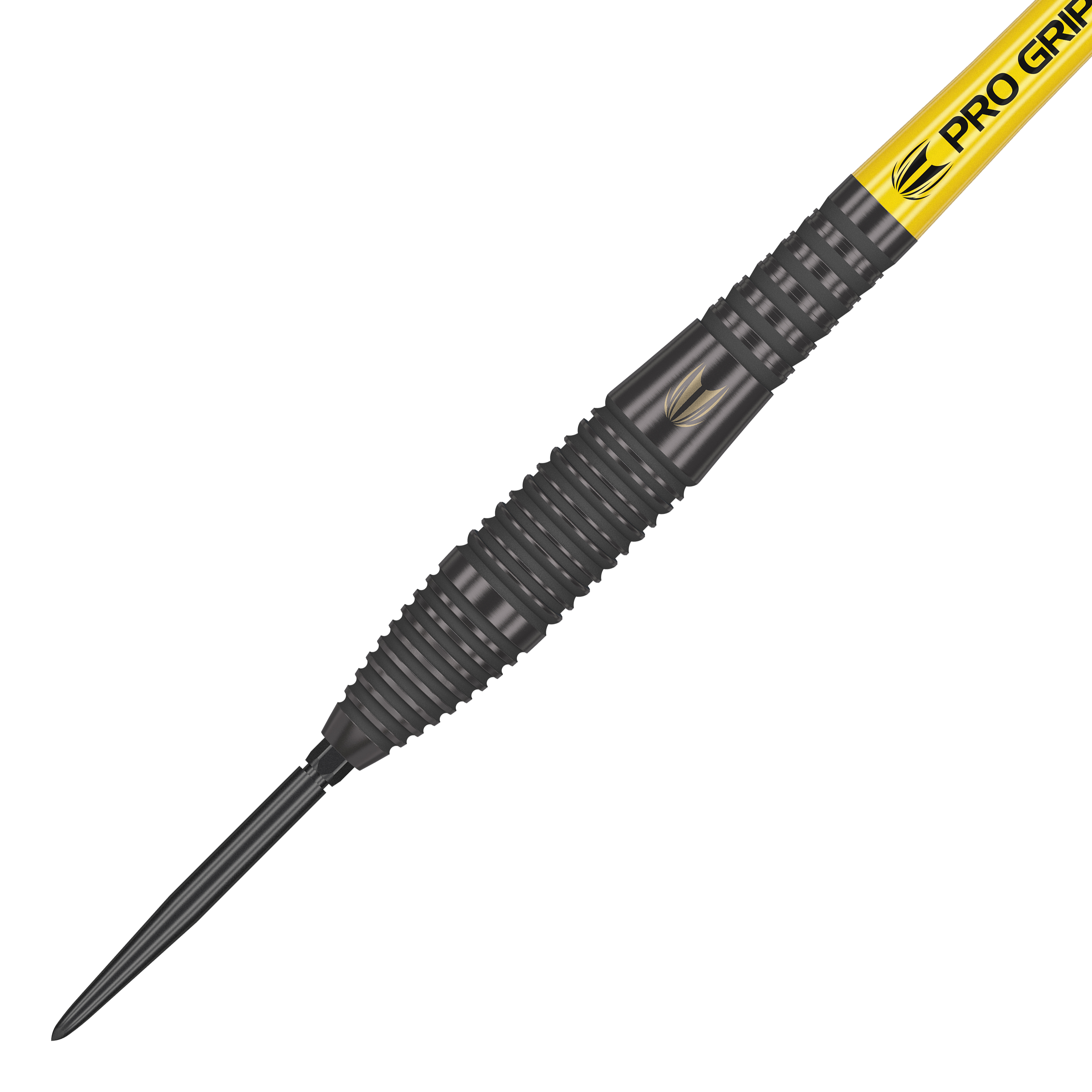 Target Bolide Void 05 Swiss Point steel darts Das Bild zeigt einen Target Bolide Void 05 Swiss Point Steeldart. Der Dart hat eine schwarze, gerillte Oberfläche und einen gelben Schaft mit der Aufschrift "Pro Grip".