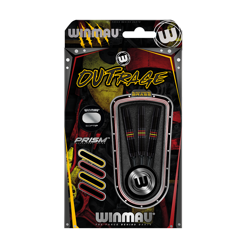 2235-18_Winmau_Outrage_Black_Coated_Brass_Softdarts_3 Das Bild zeigt eine Packung Winmau Outrage V1 Black Coated Brass Softdarts mit einem Gewicht von 18g. In der Verpackung sind drei schwarze Softdarts mit farbigen Ringen zu sehen.
