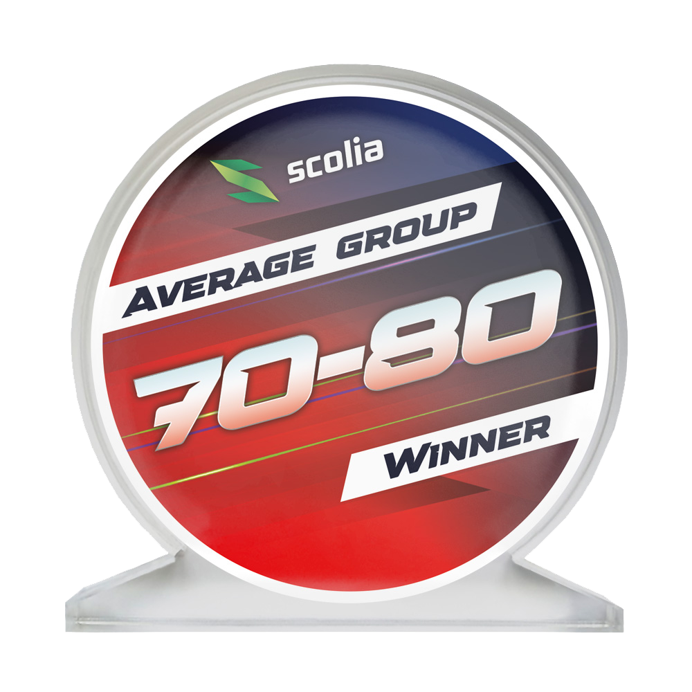 Scolia Acrylic Glass Trophy - Winner Das Bild zeigt einen Acrylglas-Pokal mit der Aufschrift Average 70-80. Er wird vermutlich für Dart-Turniere oder als Auszeichnung verwendet.
