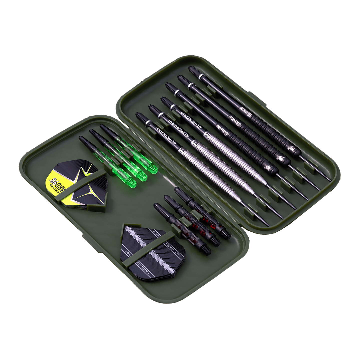 In diesem Bild ist ein offenes Dartcase mit mehreren Darts und Zubehör zu sehen. Das Etui enthält Dartpfeile, Flights und Ersatzschäfte in einer geordneten Anordnung.