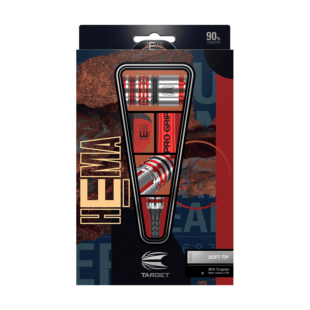 210094_Target_Hema_10_Softdarts_3 Die Abbildung zeigt die Verpackung der "Target Hema 10 Softdarts". Die Darts bestehen zu 90% aus Tungsten und haben ein modernes, rot-silbernes Design.