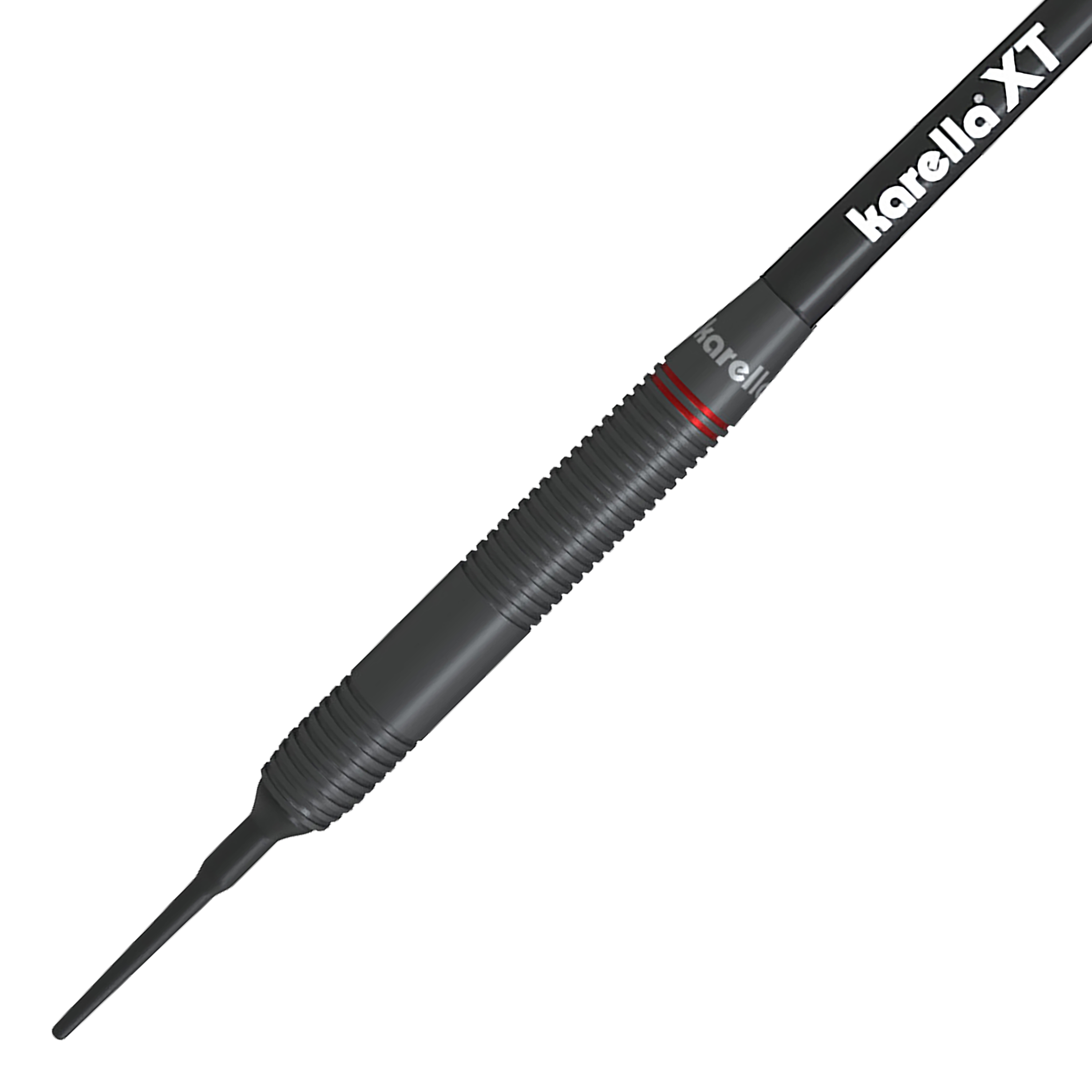 Karella Daniel Klose soft darts Das Bild zeigt einen Karella Daniel Klose Softdartpfeil. Der Dart ist hauptsächlich schwarz mit feinen Rillen und einem weißen "karella XT" Schriftzug.