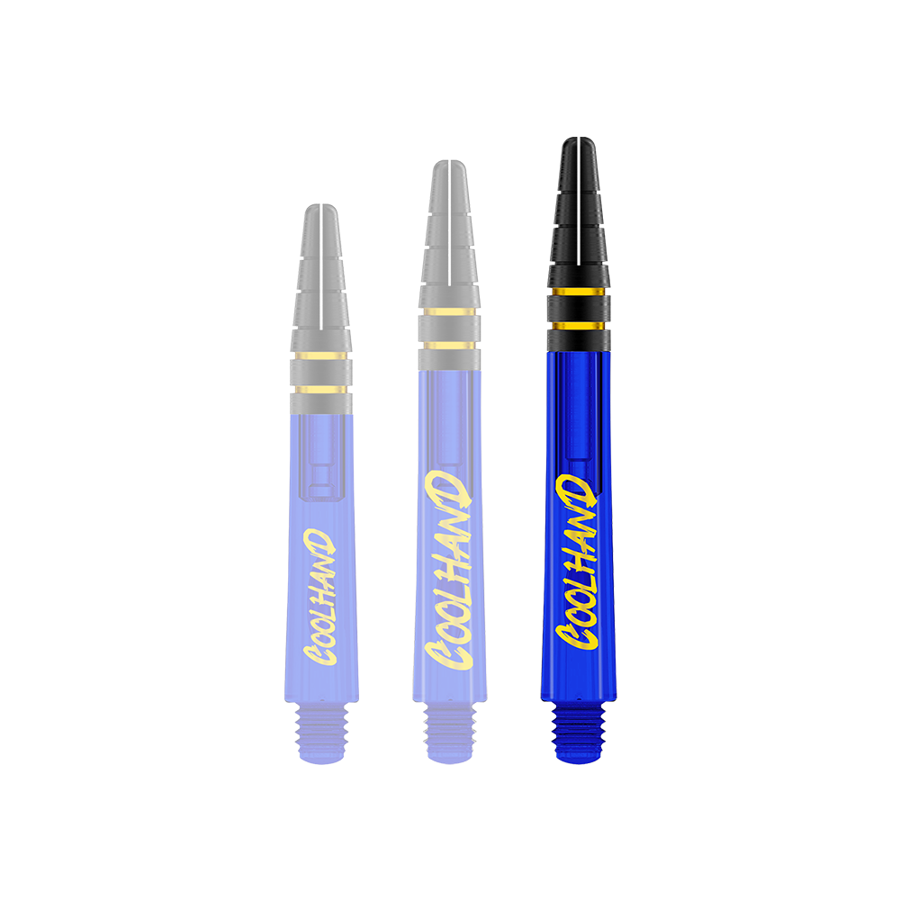 Red Dragon Nitrotech Luke Humphries Coolhand Shafts - Blue Das Bild zeigt drei blaue Dartschäfte mit der gelben Aufschrift "COOLHAND". Die Spitzen der Schäfte sind schwarz mit goldenen Ringen verziert.