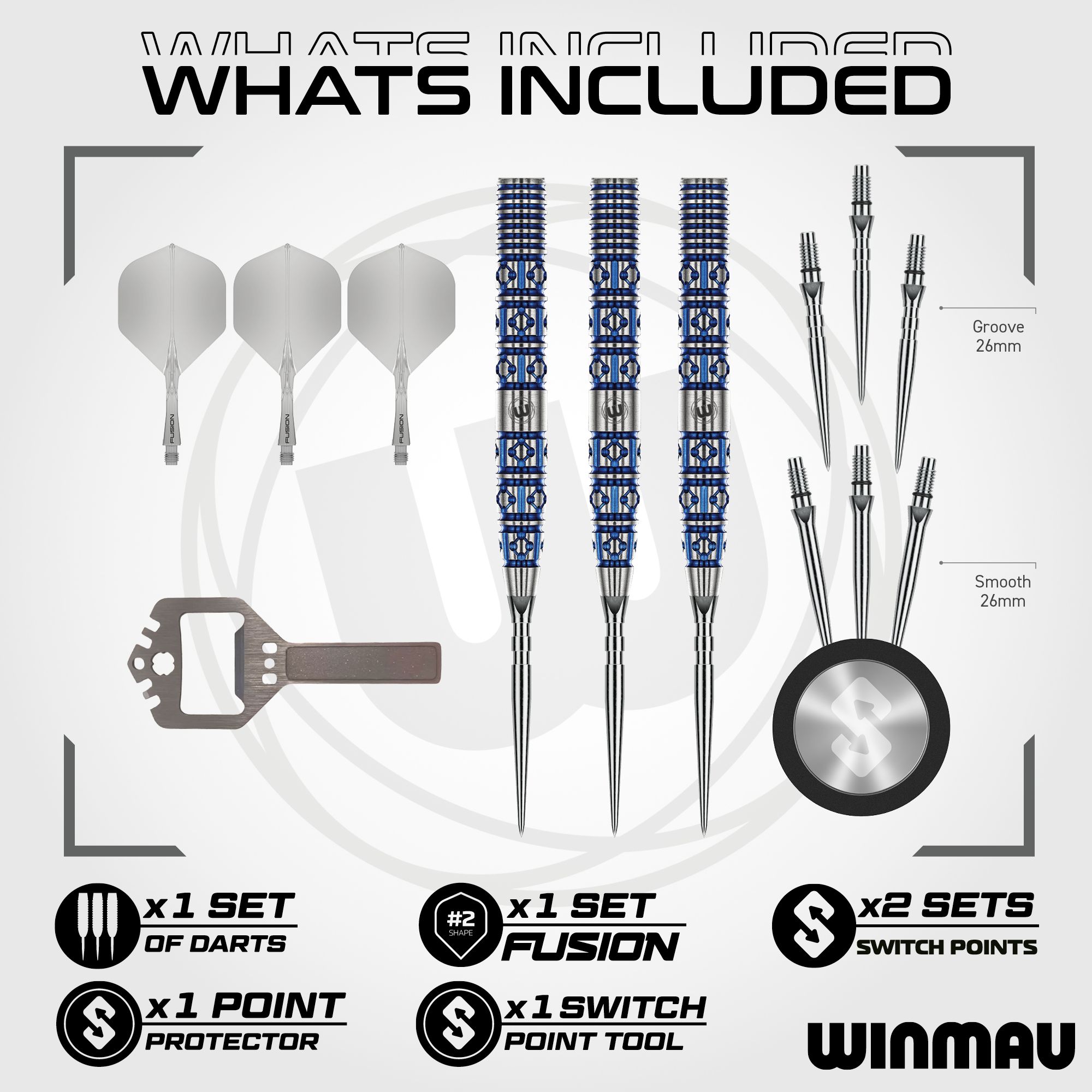 Hier sind Winmau Lunaris Tapered Switch Point Steeldarts abgebildet. Die Darts besitzen eine besondere Form für präzise Würfe.