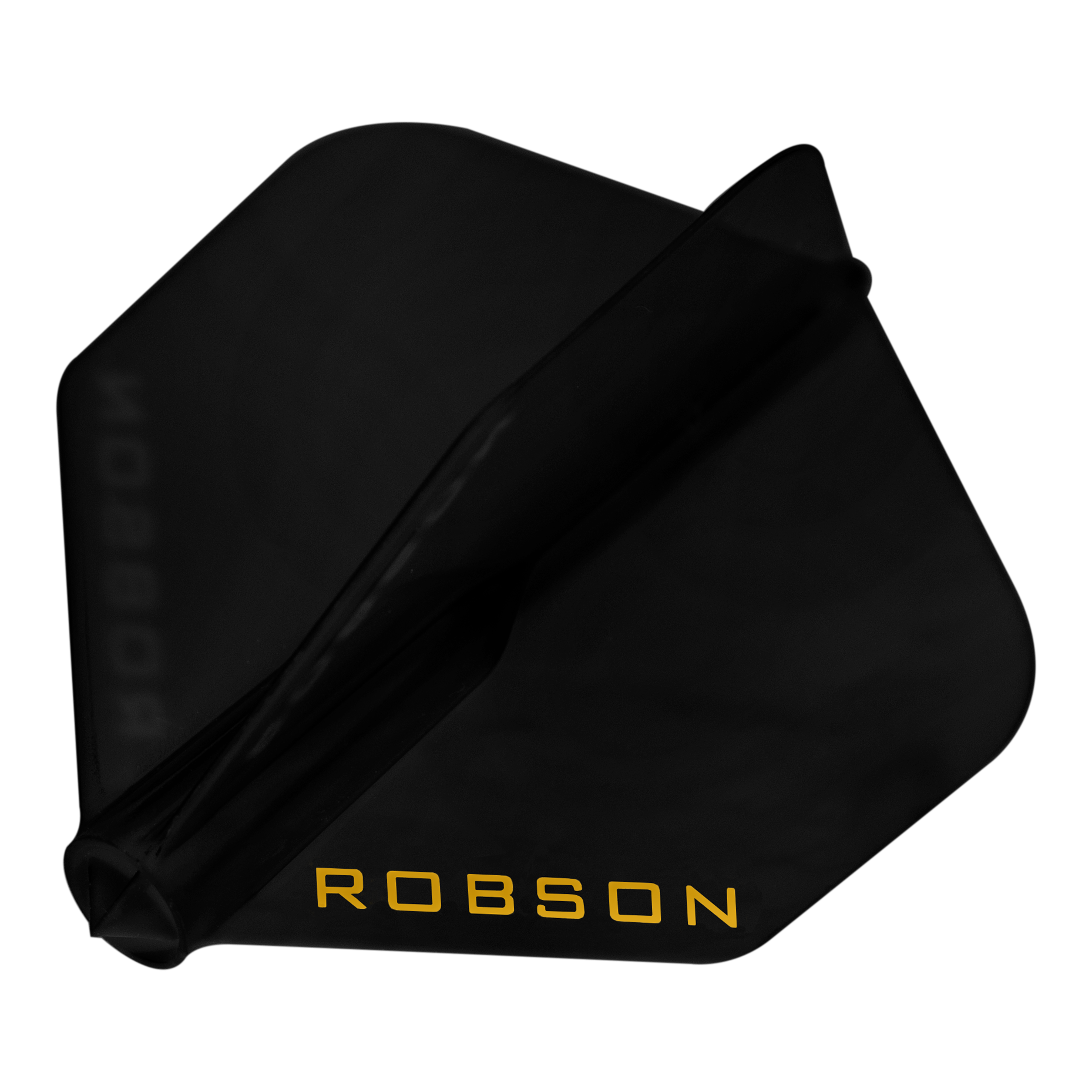 Robson Plus Flights - NO6 Das Bild zeigt einen schwarzen Dartflug. Auf dem Flug steht in gelber Schrift das Wort "ROBSON".
