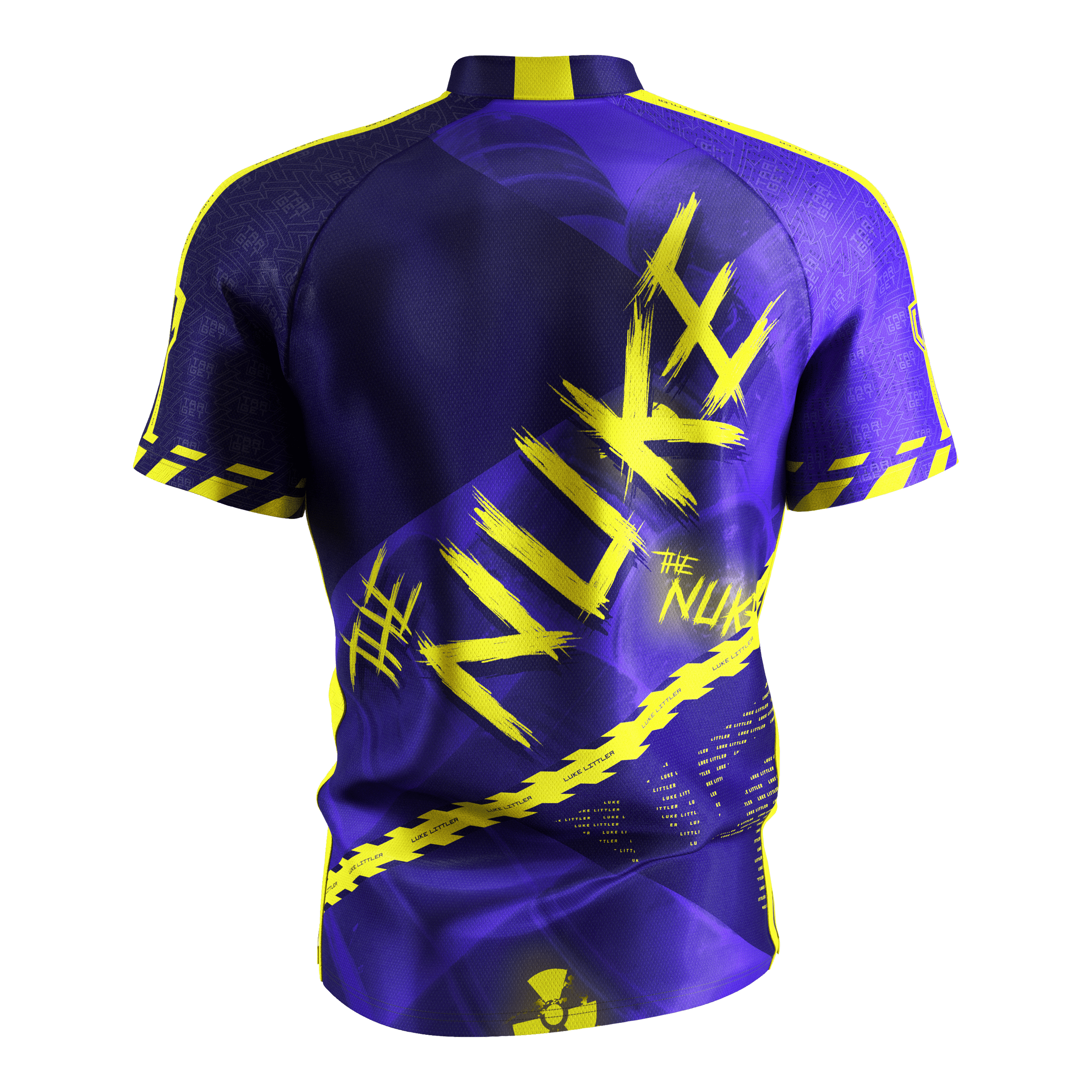Target Coolplay Luke Littler 2025 dart shirt Das Bild zeigt das „Target Coolplay Luke Littler 2025 Dartshirt“ von hinten. Das Shirt ist überwiegend lila mit auffälligen gelben Designs und dem Schriftzug „NUKE“ auf dem Rücken.