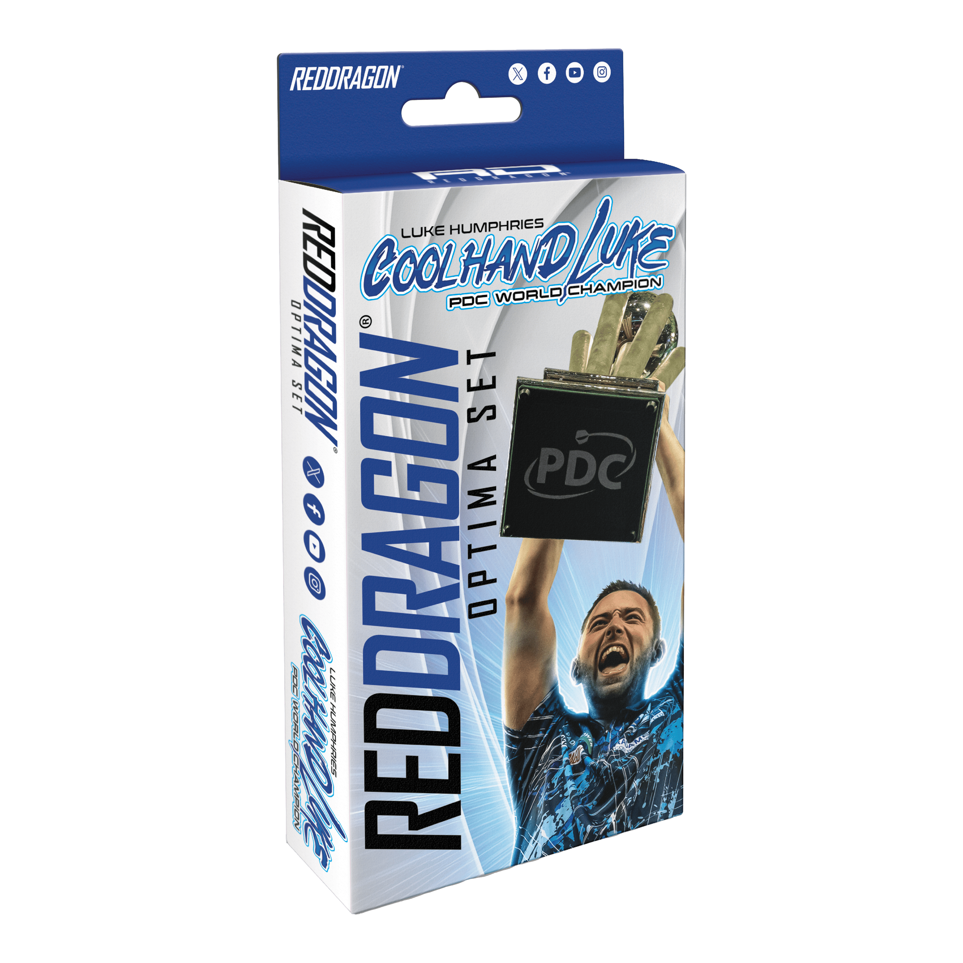 Red Dragon Luke Humphries Optima Accessory Pack Die Verpackung zeigt das Produkt "Red Dragon Luke Humphries Optima Zubehör Pack". Auf der Vorderseite ist ein jubelnder Luke Humphries und ein Pokal abgebildet.