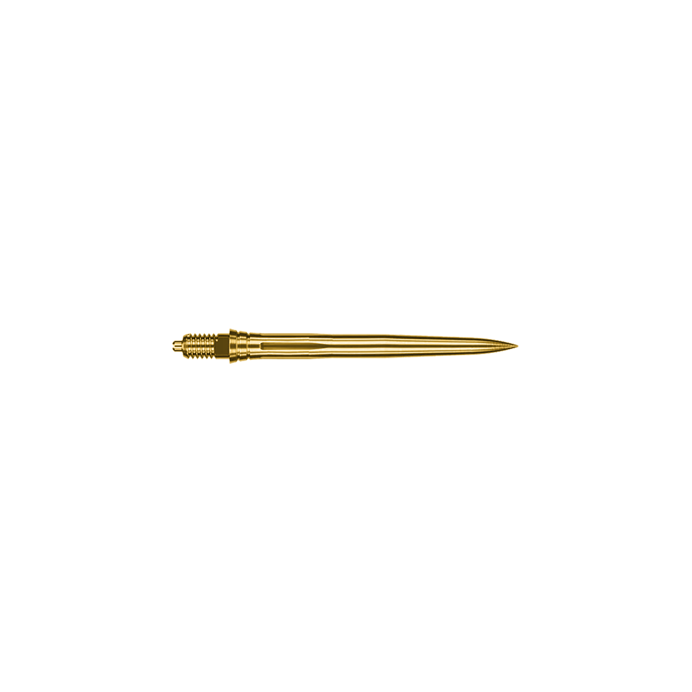 Abgebildet sind goldene Dartspitzen mit einer Länge von 28mm. Sie gehören wahrscheinlich zur Serie Caliburn EZ-EVO Smooth.