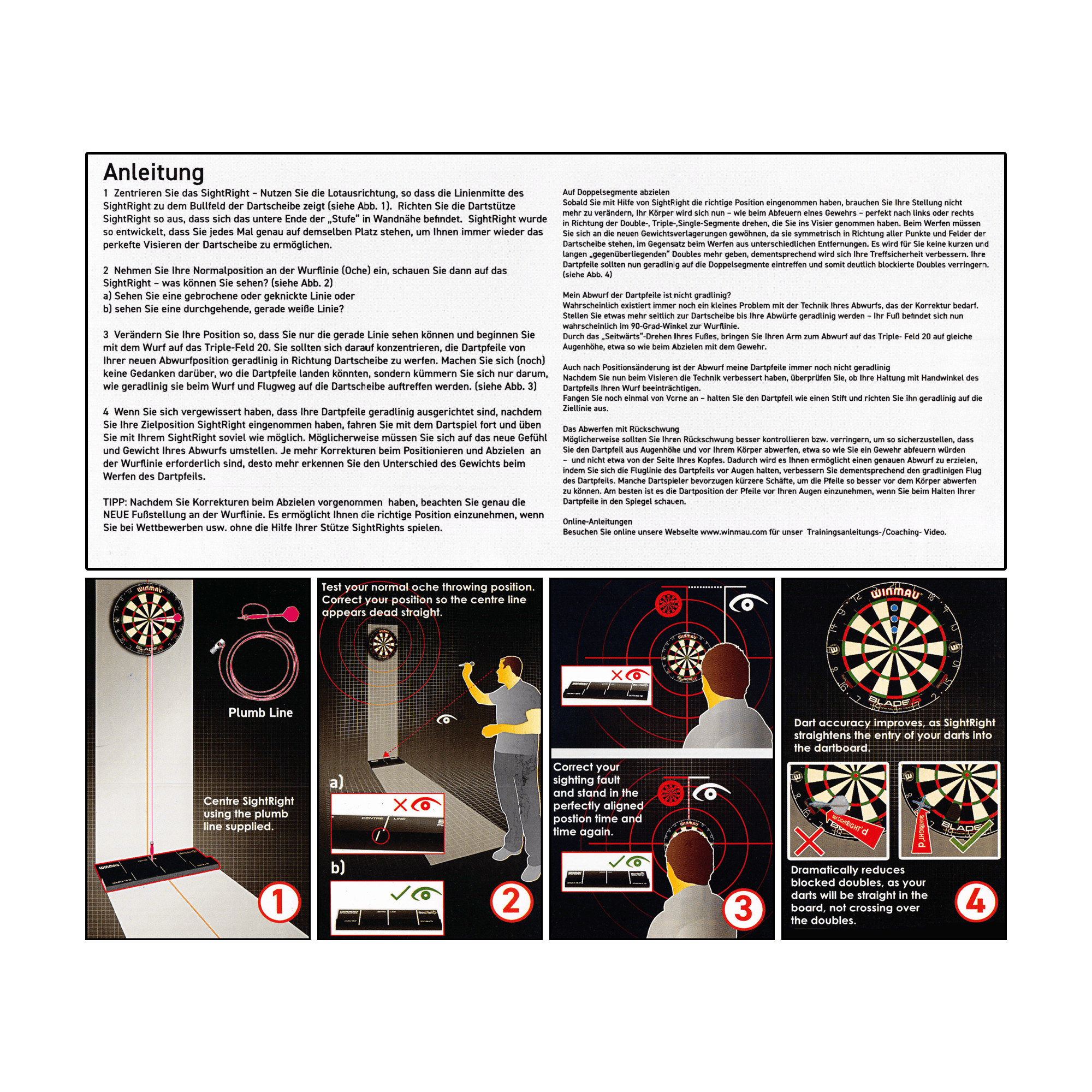 8207_Winmau_SightRight2_4 Das Bild zeigt die Anleitung und Anwendungshinweise für das Produkt "Winmau SightRight 2" zum Dartspielen. Es erklärt Schritt für Schritt, wie man seine Wurf-Position korrigiert, um eine genaue Ausrichtung auf das Dartboard zu erreichen.