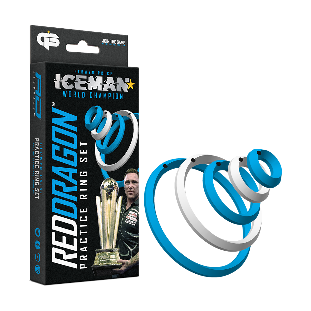 X0610_Red_Dragon_Gerwyn_Price_Practice_Rings_1 Das Bild zeigt die "Red Dragon Gerwyn Price Practice Rings" Verpackung zusammen mit den farbigen Trainingsringen. Auf der Verpackung ist auch ein Bild von Gerwyn Price und einer Trophäe zu sehen.