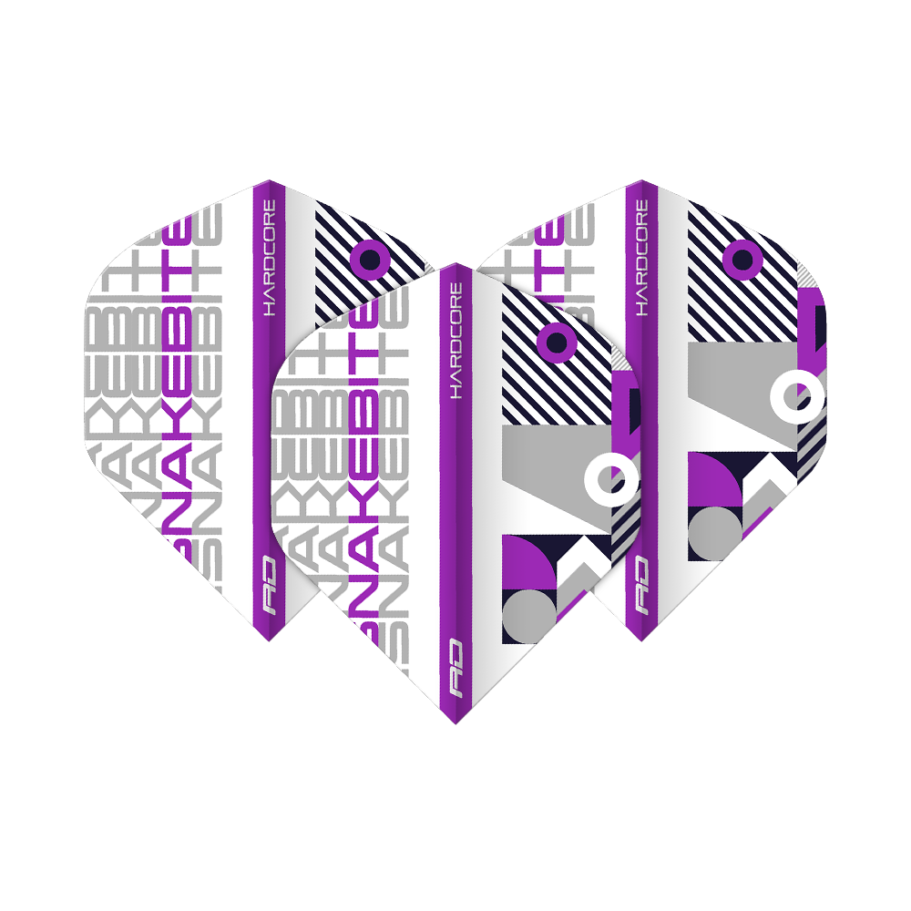 TF6661_Red_Dragon_Hardcore_Snakebite_WhitePurple_Standard_Flights_1BhQ4Kn0iOooG7 Das Bild zeigt drei Dartflights des Modells "Red Dragon Hardcore Snakebite White Purple Standard". Die Flights sind weiß mit lila und grauen Akzenten sowie auffälligem, modernem Design.