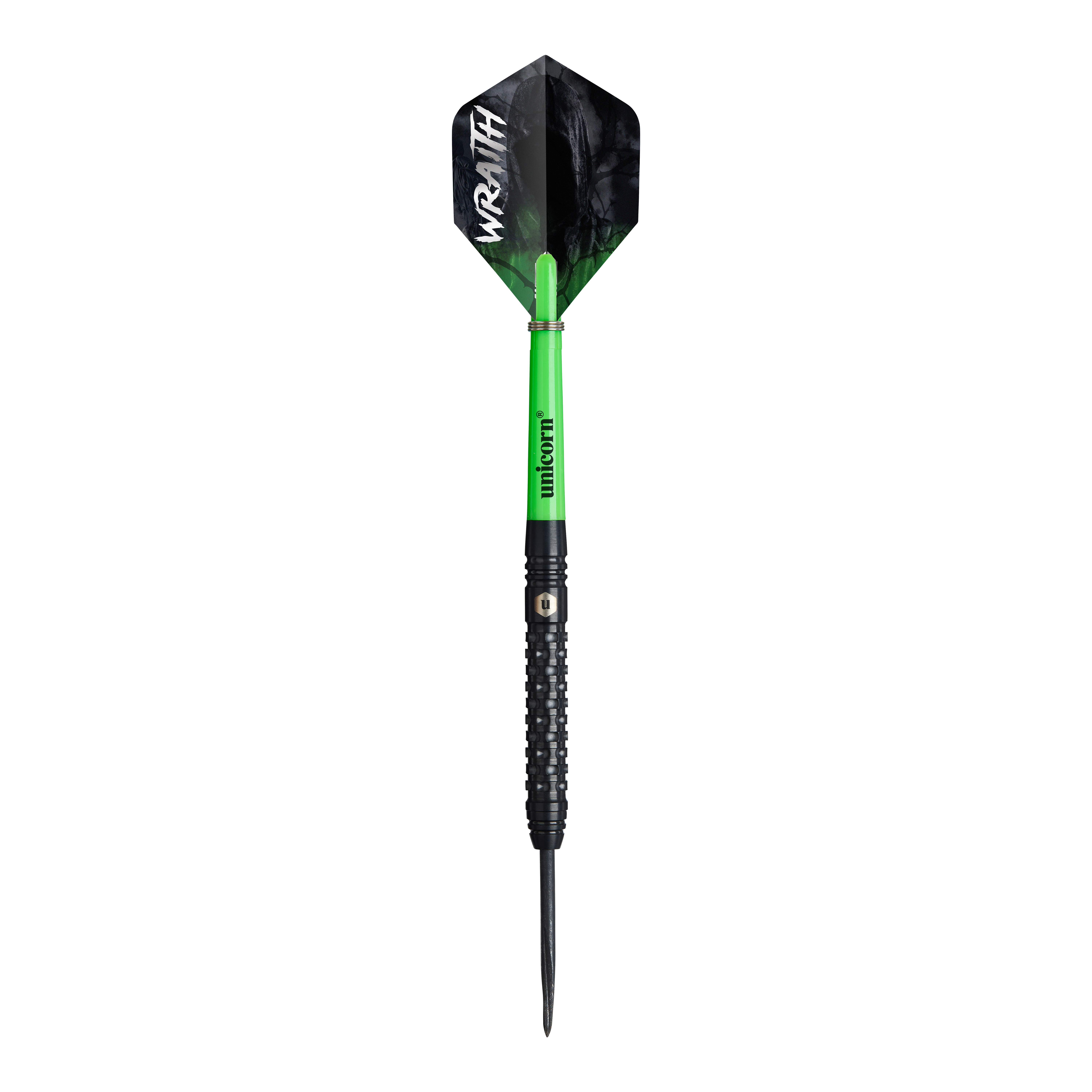Unicorn Wraith steel darts Ein Unicorn Wraith Steeldart ist einzeln zu sehen. Die Struktur und der Schaft sind herausgearbeitet.
