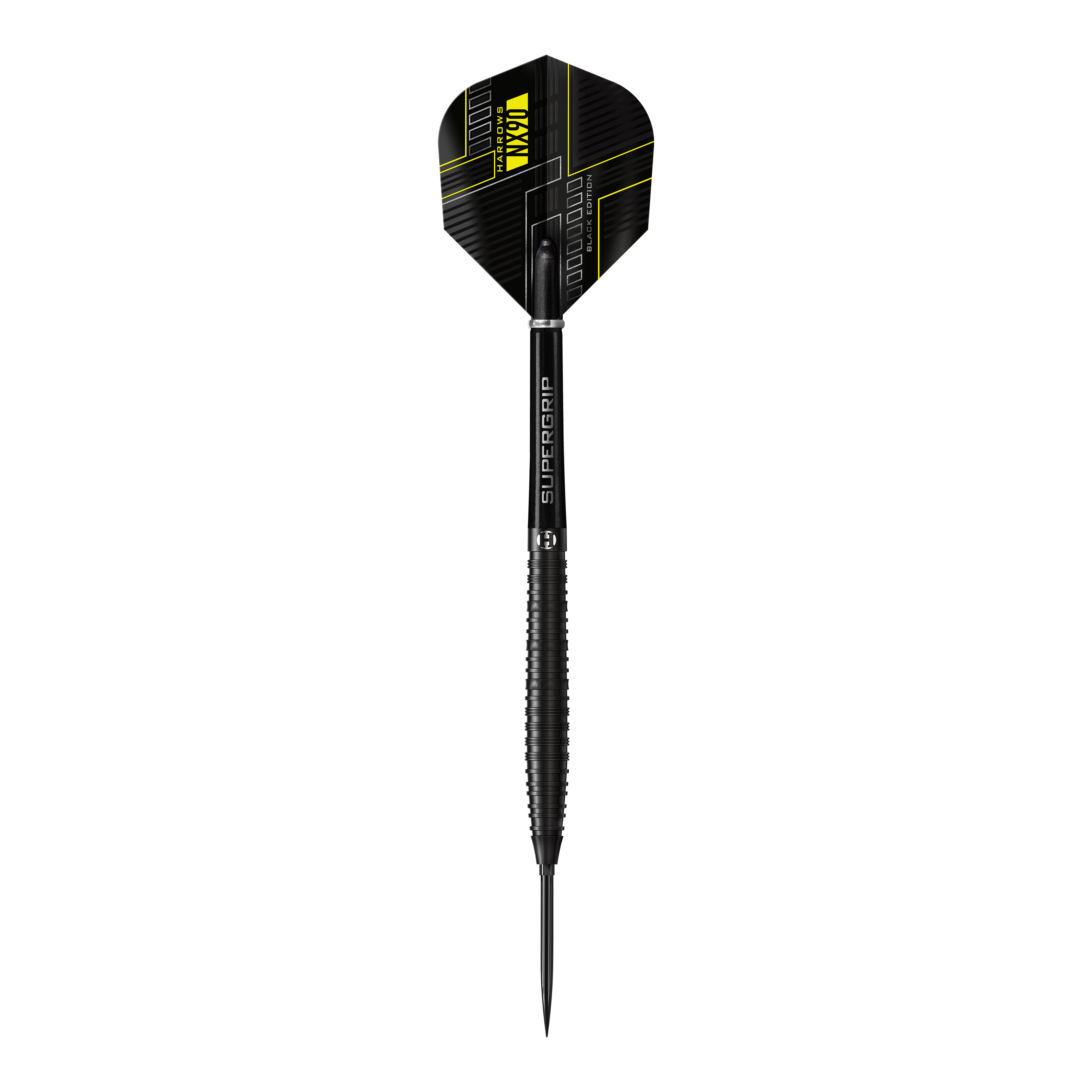 Das Bild zeigt die Harrows NX90 Black Edition Tapered Quick Point Steeldarts. Abgebildet ist das Produkt aus nächster Nähe.