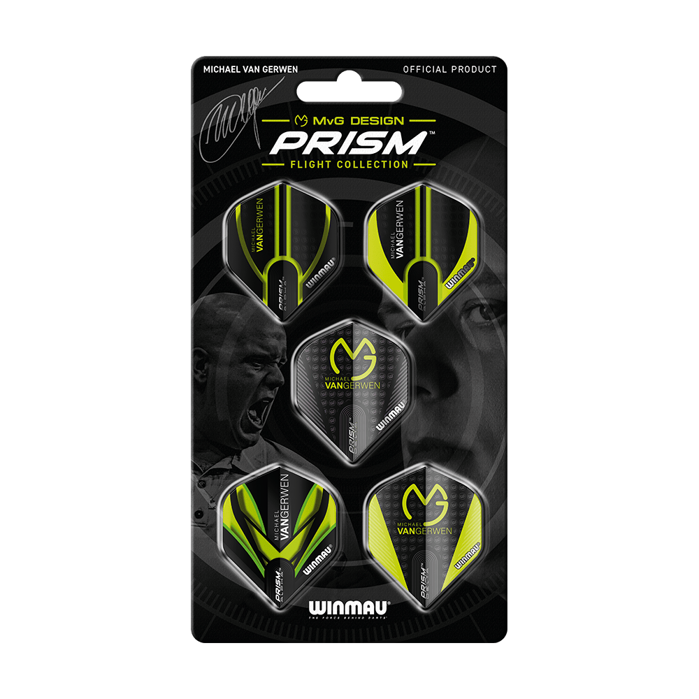 8122_Winmau_MvG_Prism_Flight_Collection_1 Winmau MvG Prism Flight Collection ist eine Auswahl an Dartflights. Die Flights sind farbig und fächerförmig angeordnet.