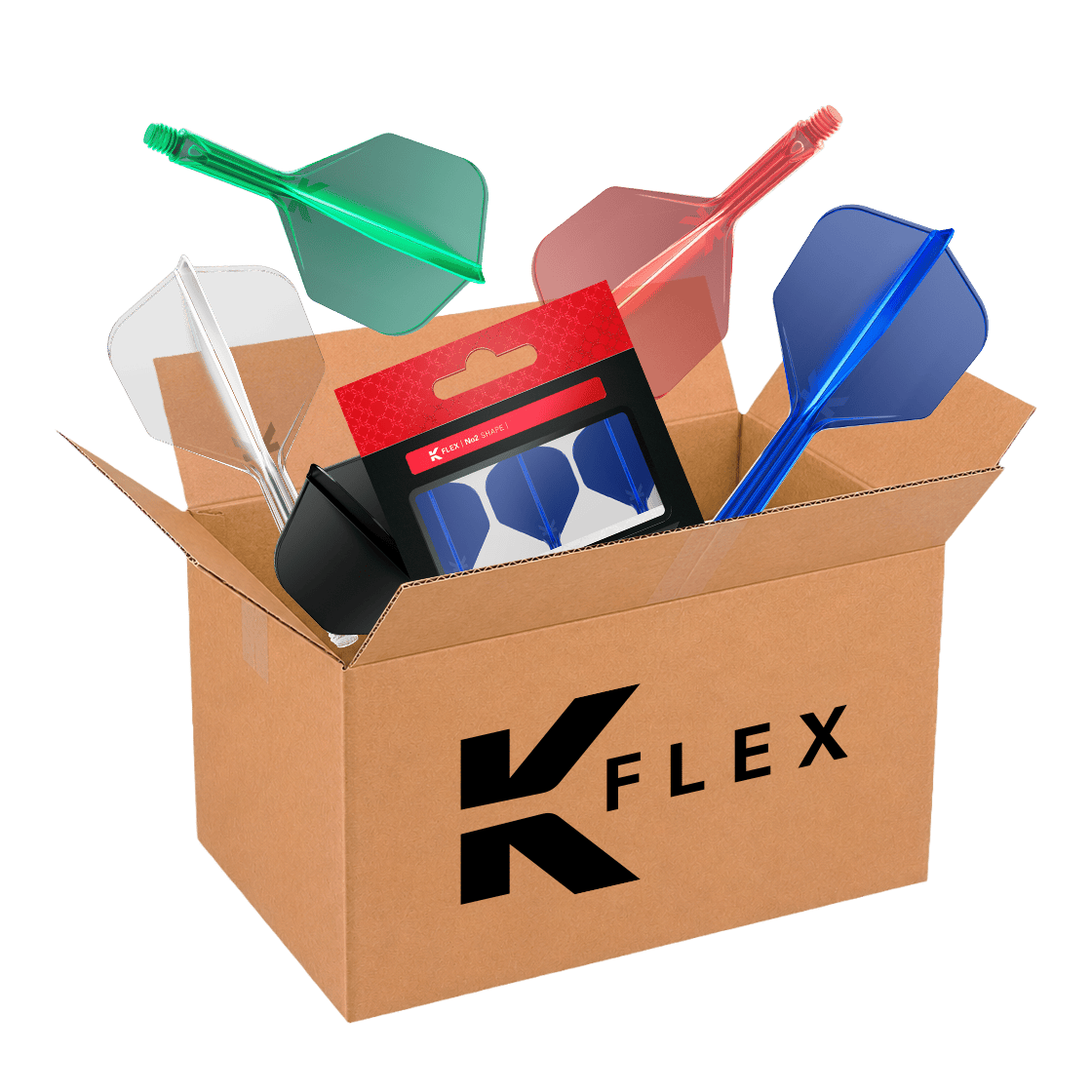 McDart Mystery Box - K-Flex Auf dem Bild ist die McDart Mystery-Box mit K-Flex-Zubehör zu sehen. Die Mystery-Box enthält verschiedene Überraschungsartikel für Dartspieler.