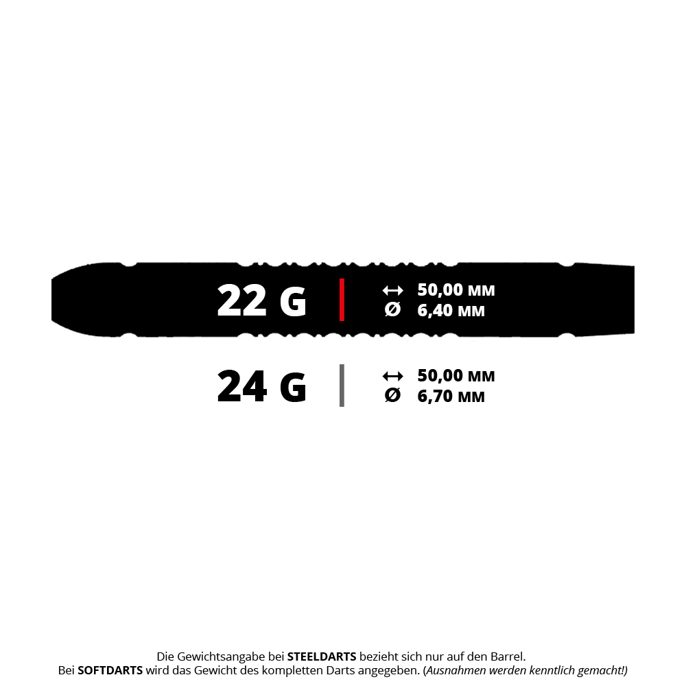 Das Bild zeigt die technischen Daten von zwei Steeldarts mit 22 Gramm und 24 Gramm Gewicht. Beide Darts sind 50,00 mm lang, der Durchmesser beträgt 6,40 mm bzw. 6,70 mm.