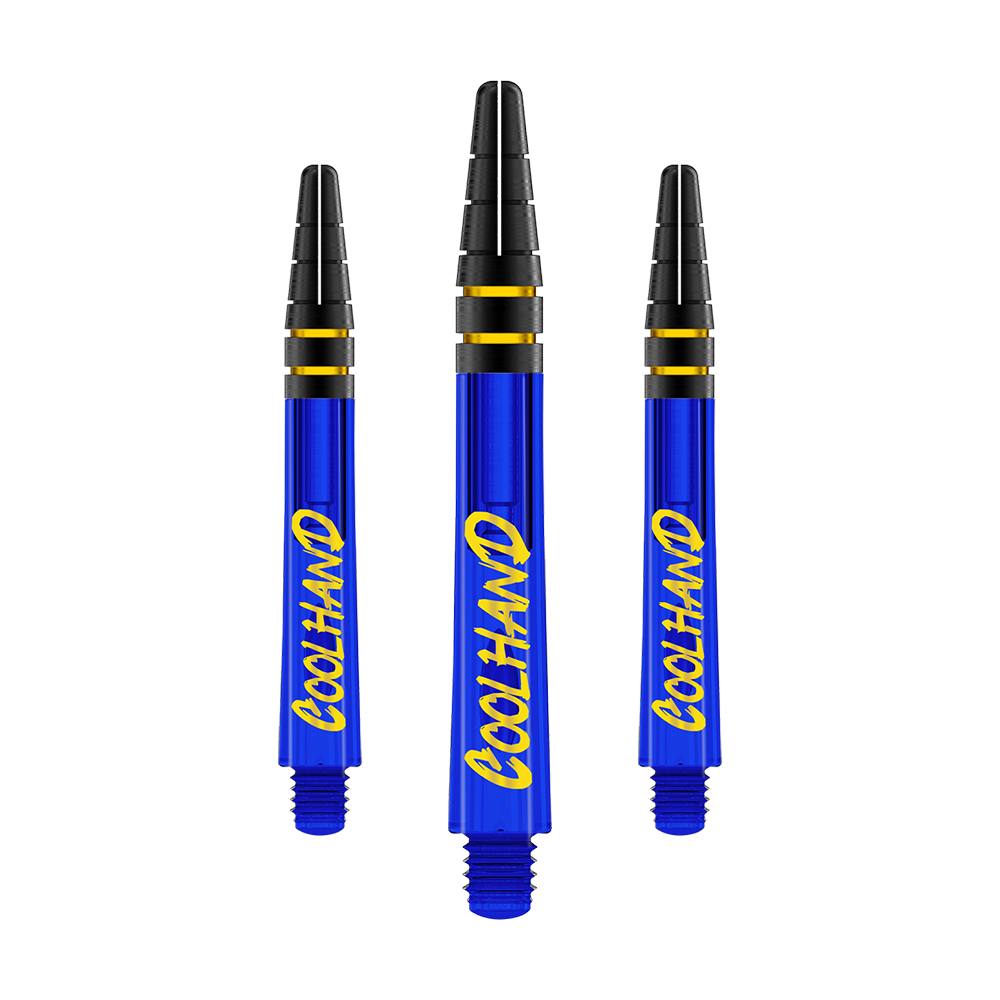 Red Dragon Nitrotech Luke Humphries Coolhand Shafts - Blue Das Bild zeigt drei blaue Dartschäfte mit der gelben Aufschrift "COOLHAND". Die Schäfte haben schwarze und goldene Ringe am oberen Ende.