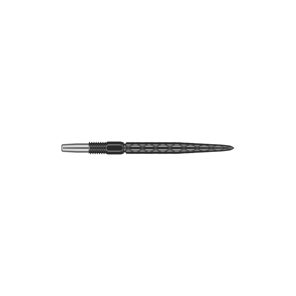 Target Swiss Diamond Pro Black Points dart tips Dies ist eine schwarze Dartspitze mit einem diamantförmigen Muster. Sie ist vorne spitz zulaufend und hat eine silberne Befestigung am hinteren Ende.