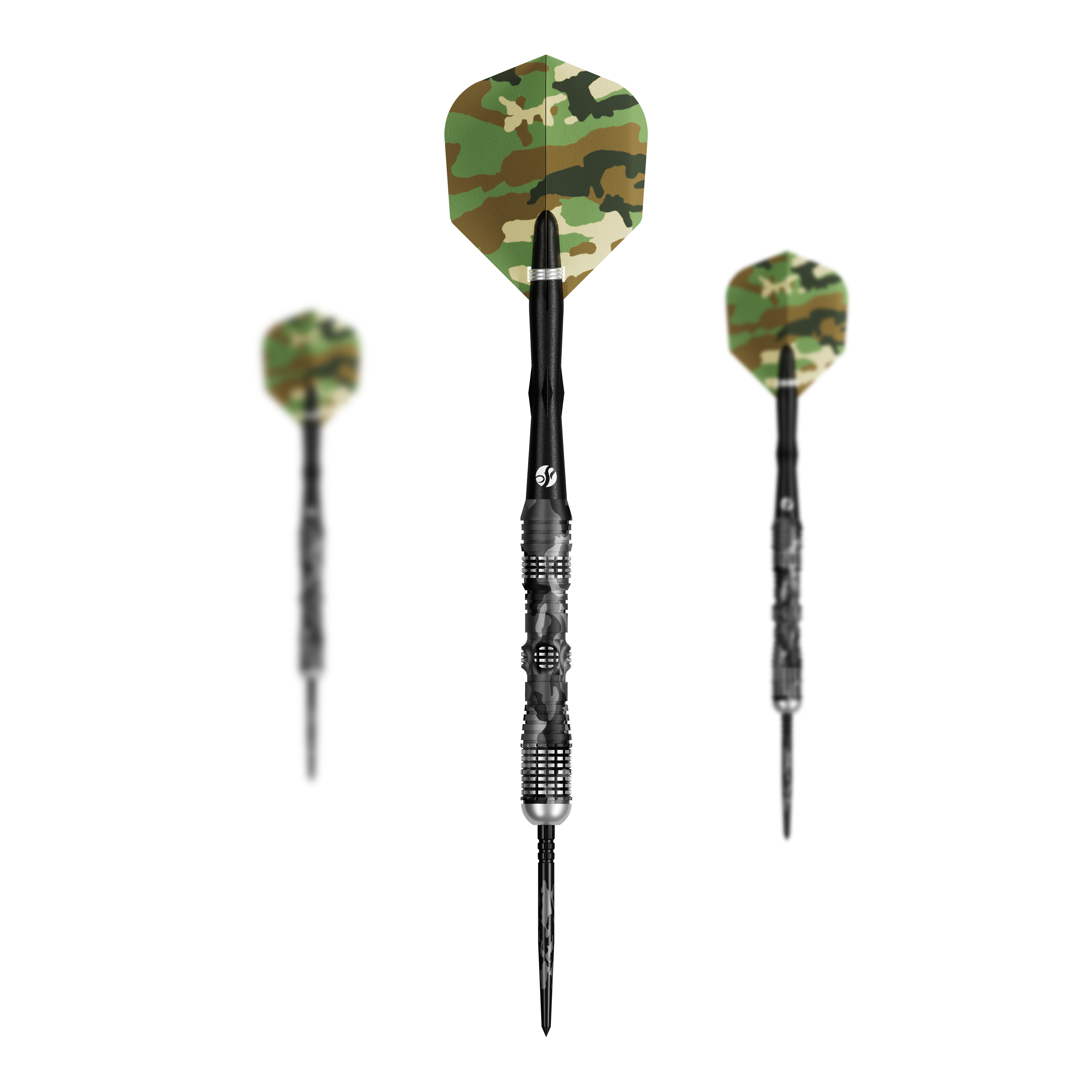 Shot Camo Longshot Turbo Point Steeldarts 23 Gramm werden dargestellt. Sie besitzen ein spezielles Muster.