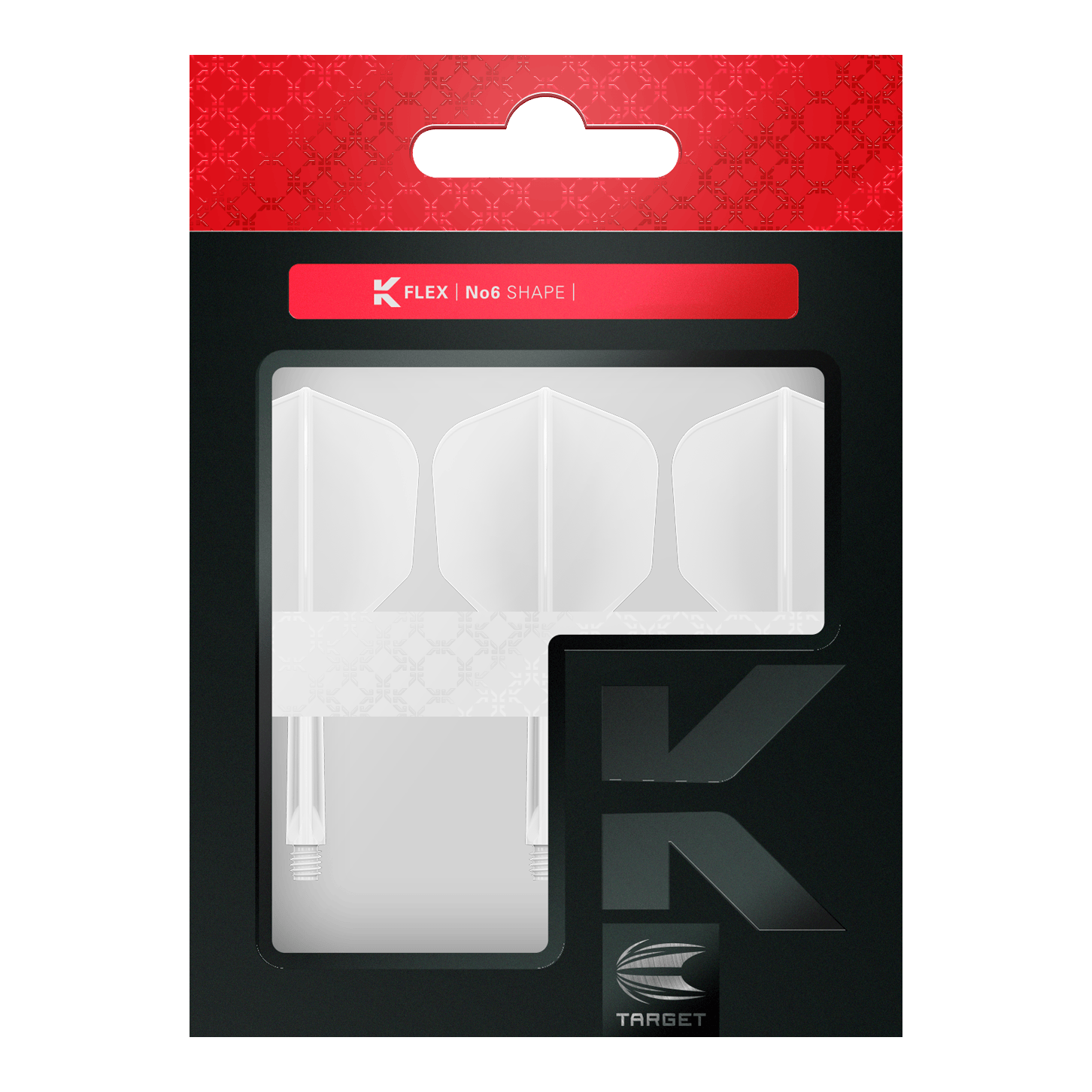 Target K-Flex No6 Flight System - White Das Bild zeigt eine Verpackung mit drei weißen Dartflights im No6-Format der Marke Target. Die Verpackung ist überwiegend schwarz mit einem roten oberen Bereich und einem Sichtfenster für die Flights.