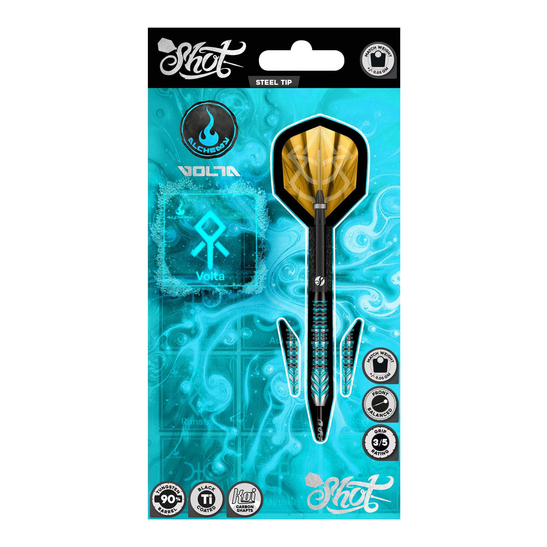 Gezeigt werden die Shot Alchemy Volta Steeldarts. Das Produkt ist zum Spielen auf Steeldart-Scheiben geeignet.