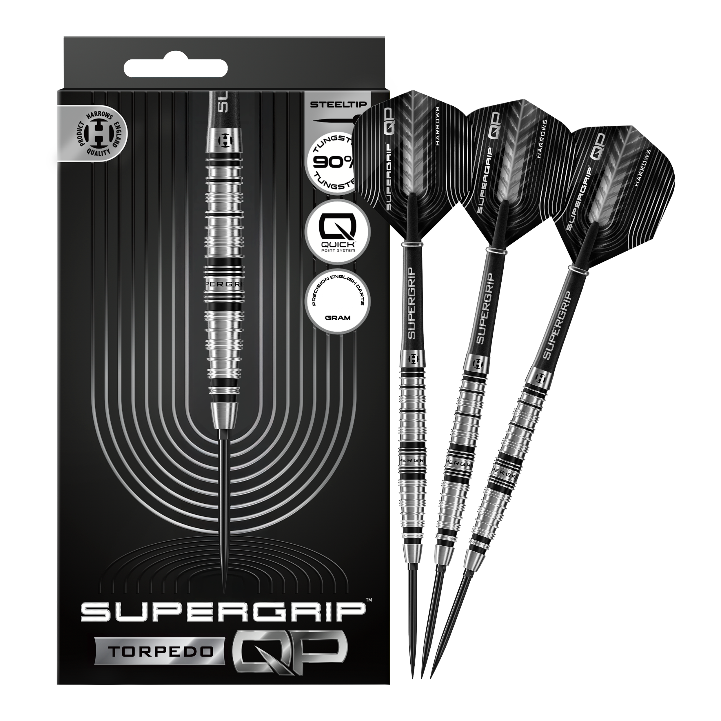 Abgebildet sind Harrows Supergrip Torpedo Quick Point Steeldarts. Die Steeldarts sind vollständig dargestellt.