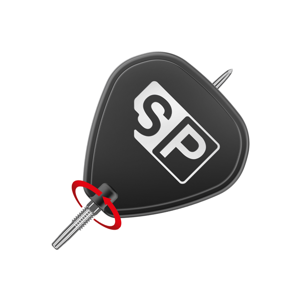 Target Swiss Point GRD Silver dart tips Das Bild zeigt eine silberne Dartspitze der Marke "Target Swiss Point GRD". Die Spitze ist an einem schwarzen Flightschutz mit den Buchstaben "SP" befestigt.
