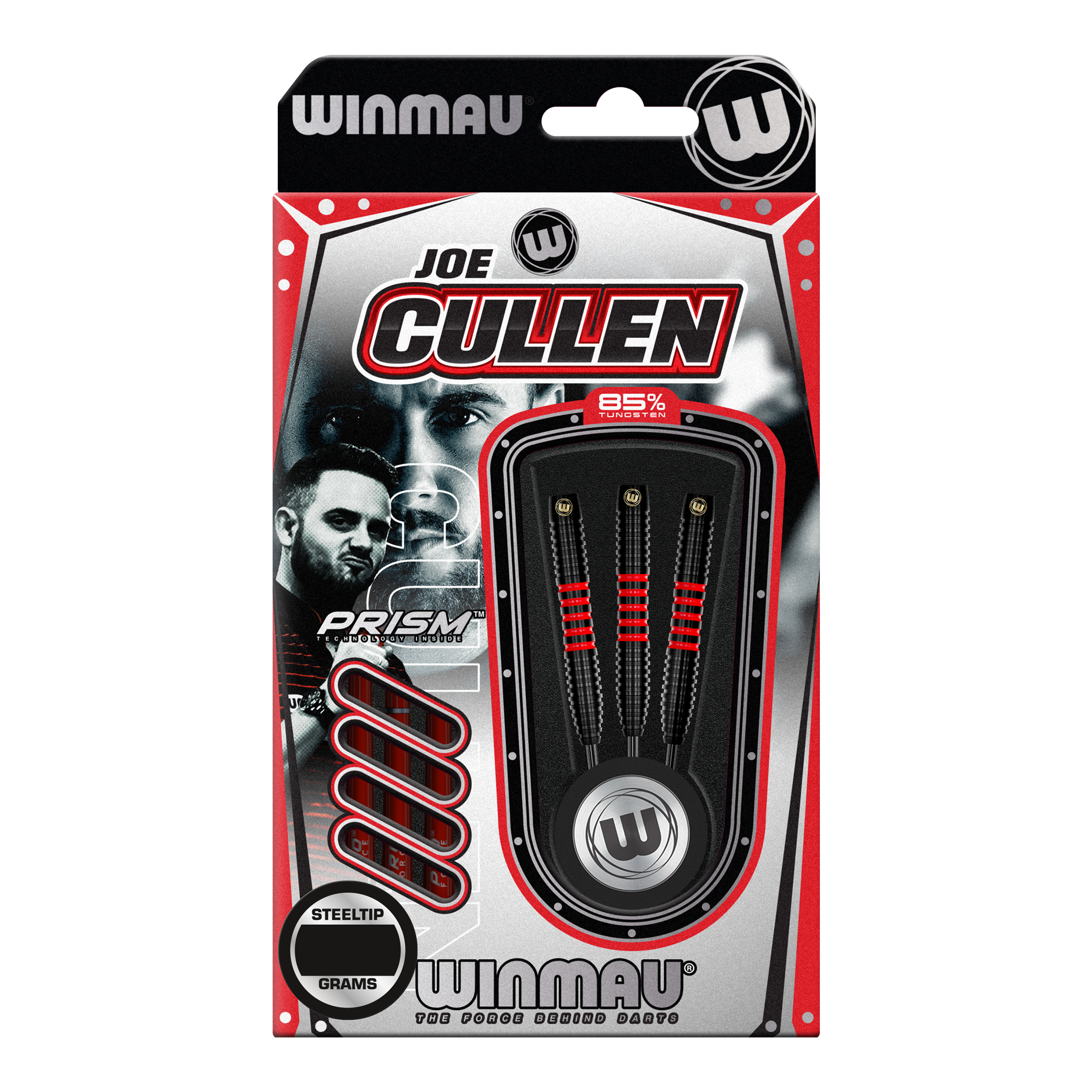 Winmau Joe Cullen 85 Pro-Series steel darts Die Abbildung zeigt die "Winmau Joe Cullen 85 Pro-Series Steeldarts" in ihrer Verpackung. Drei Darts mit schwarzem und rotem Design sind deutlich sichtbar angeordnet.