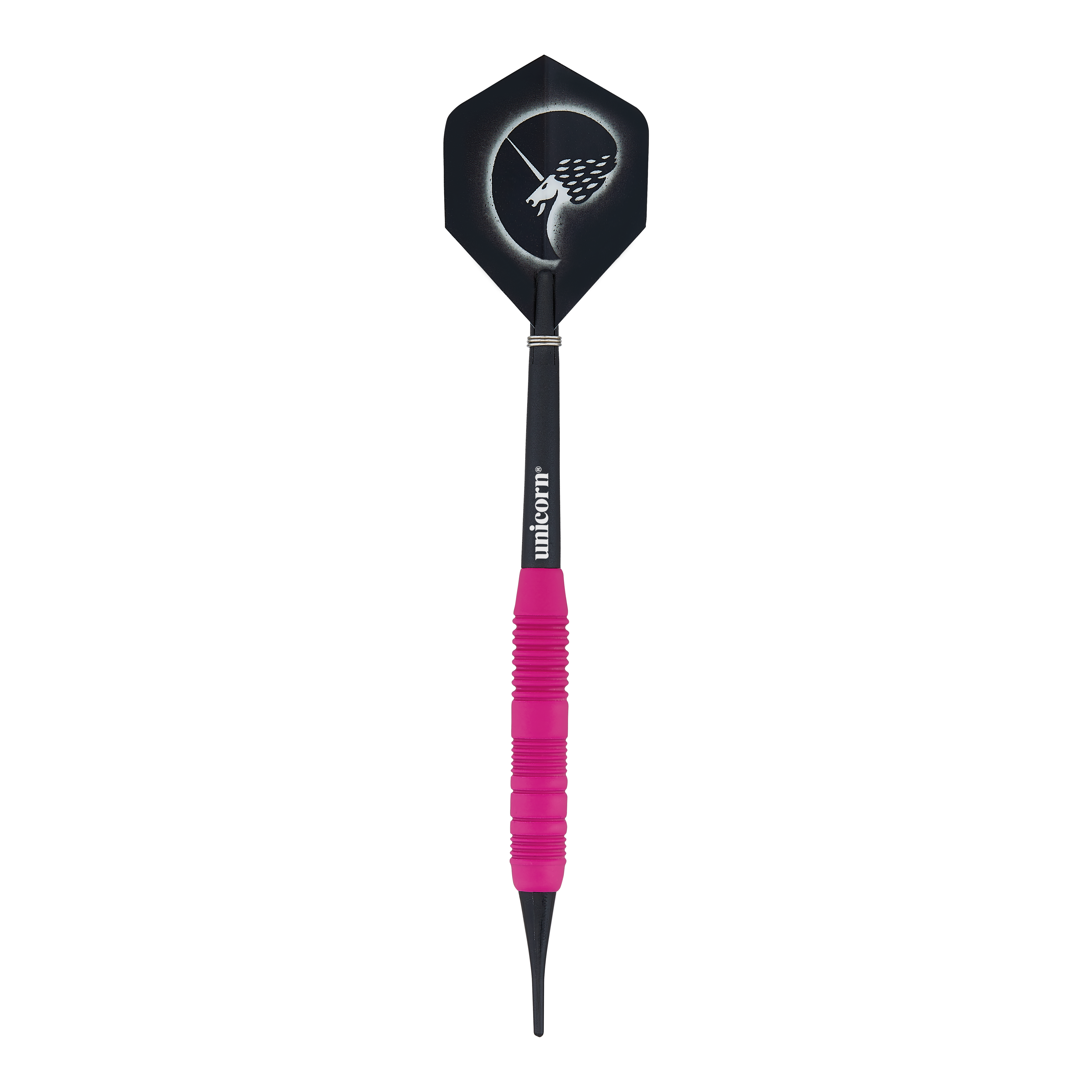 Das Bild zeigt einen Unicorn Core Plus Rubberised Pink Softdart mit einem Gewicht von 19 Gramm. Der Dartpfeil hat einen pinkfarbenen, gummierten Griff und eine schwarze Flights mit einem stilisierten Einhorn-Design.