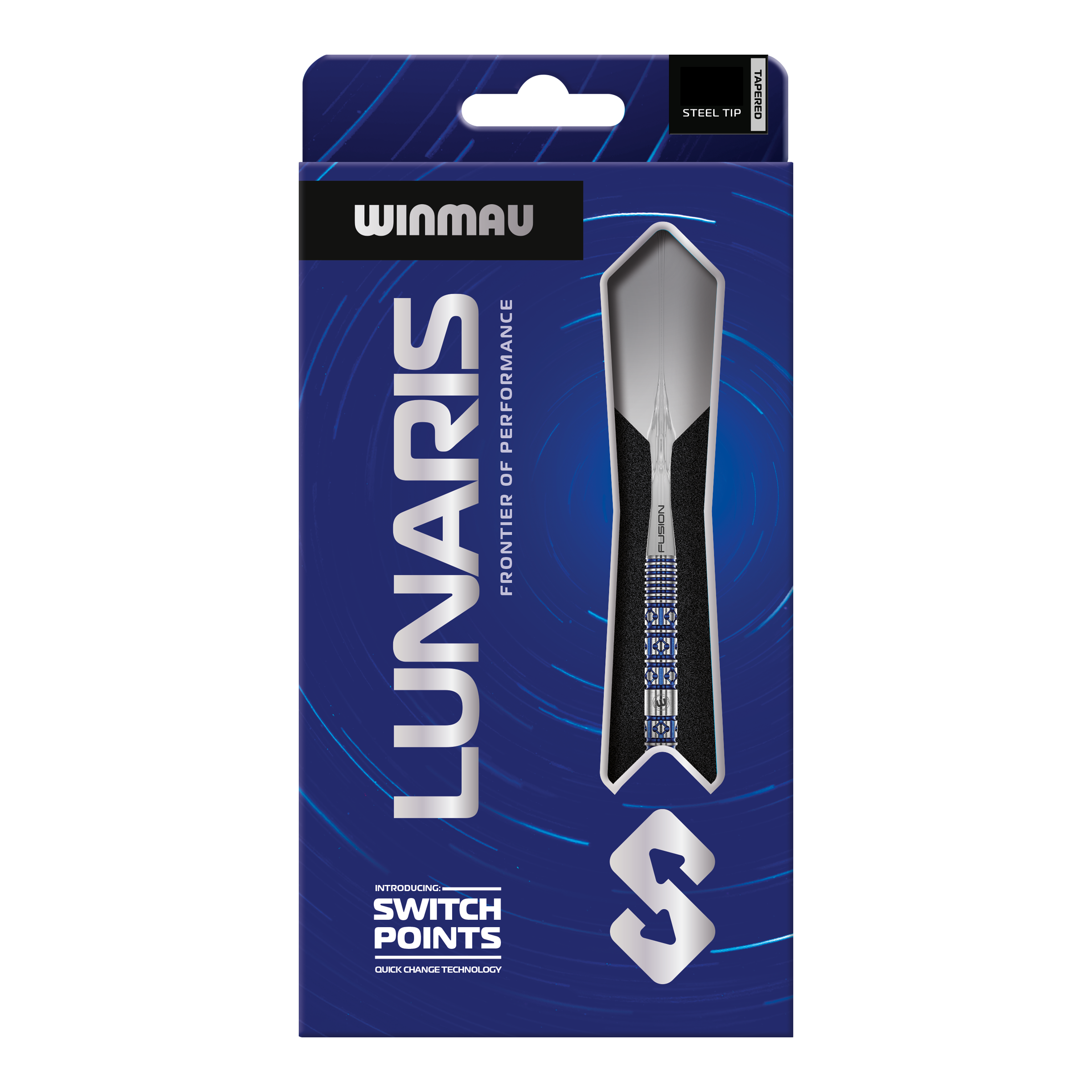 Abgebildet sind die Winmau Lunaris Tapered Switch Point Steeldarts. Diese Steeldarts besitzen ein modernes, abgestimmtes Design für Dartspieler.