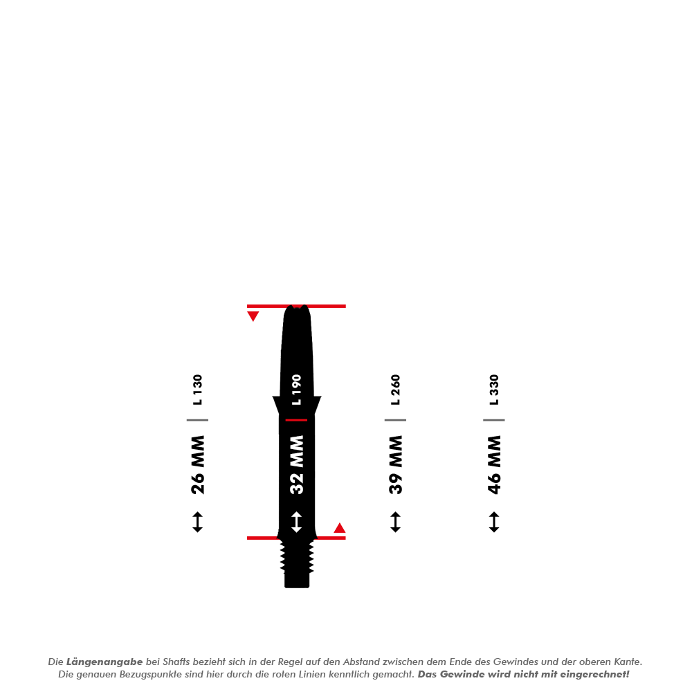 Dargestellt ist ein L-Style Carbon Silent Straight Dart-Schaft ohne Kappen in 32mm Länge. Das Produkt ist deutlich sichtbar auf weißem Hintergrund.