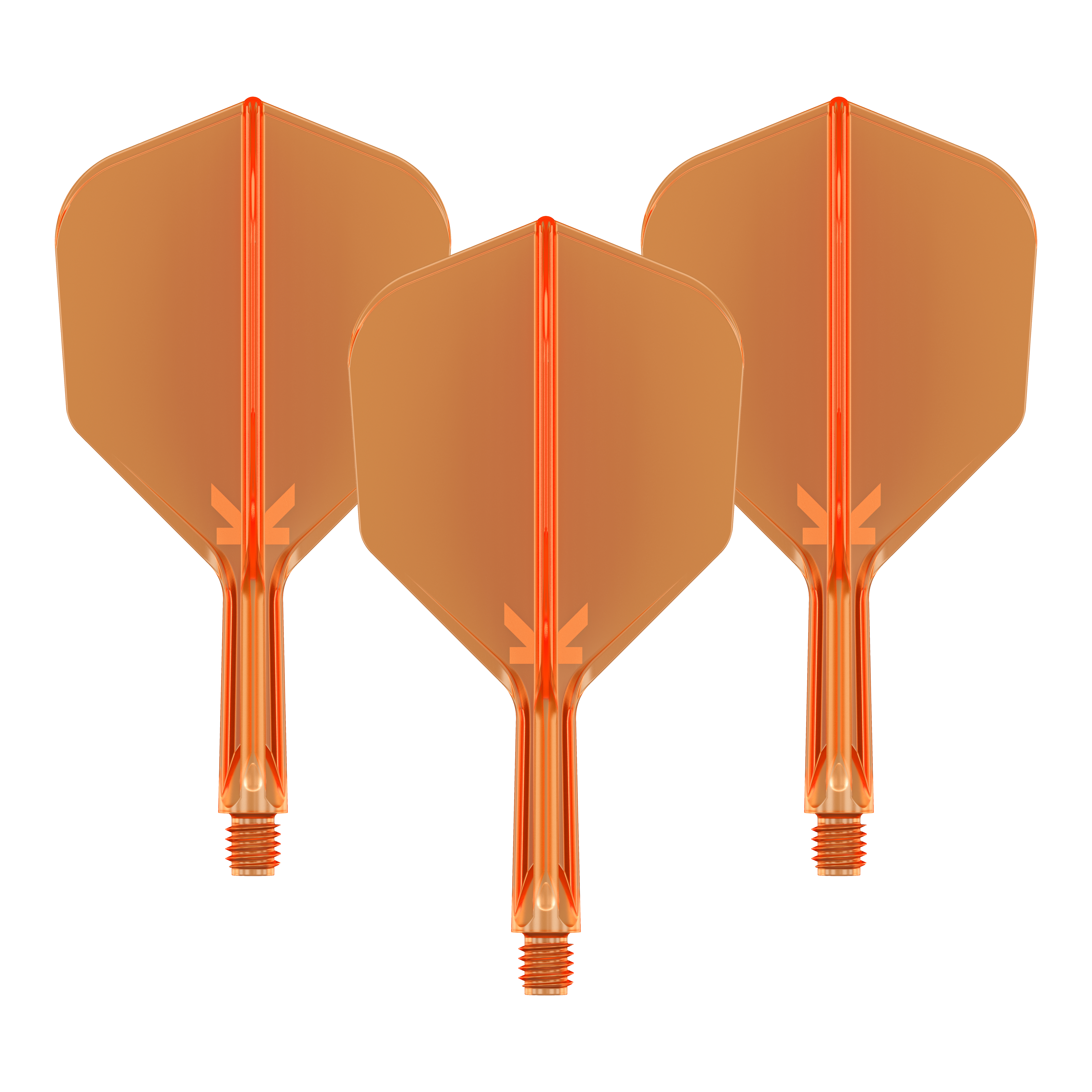 Target K-Flex No6 Flight System - Neon Orange Auf dem Bild sind drei neonorange Darts-Flights mit Schaft zu sehen. Sie sind nebeneinander angeordnet und haben eine transparente Optik.