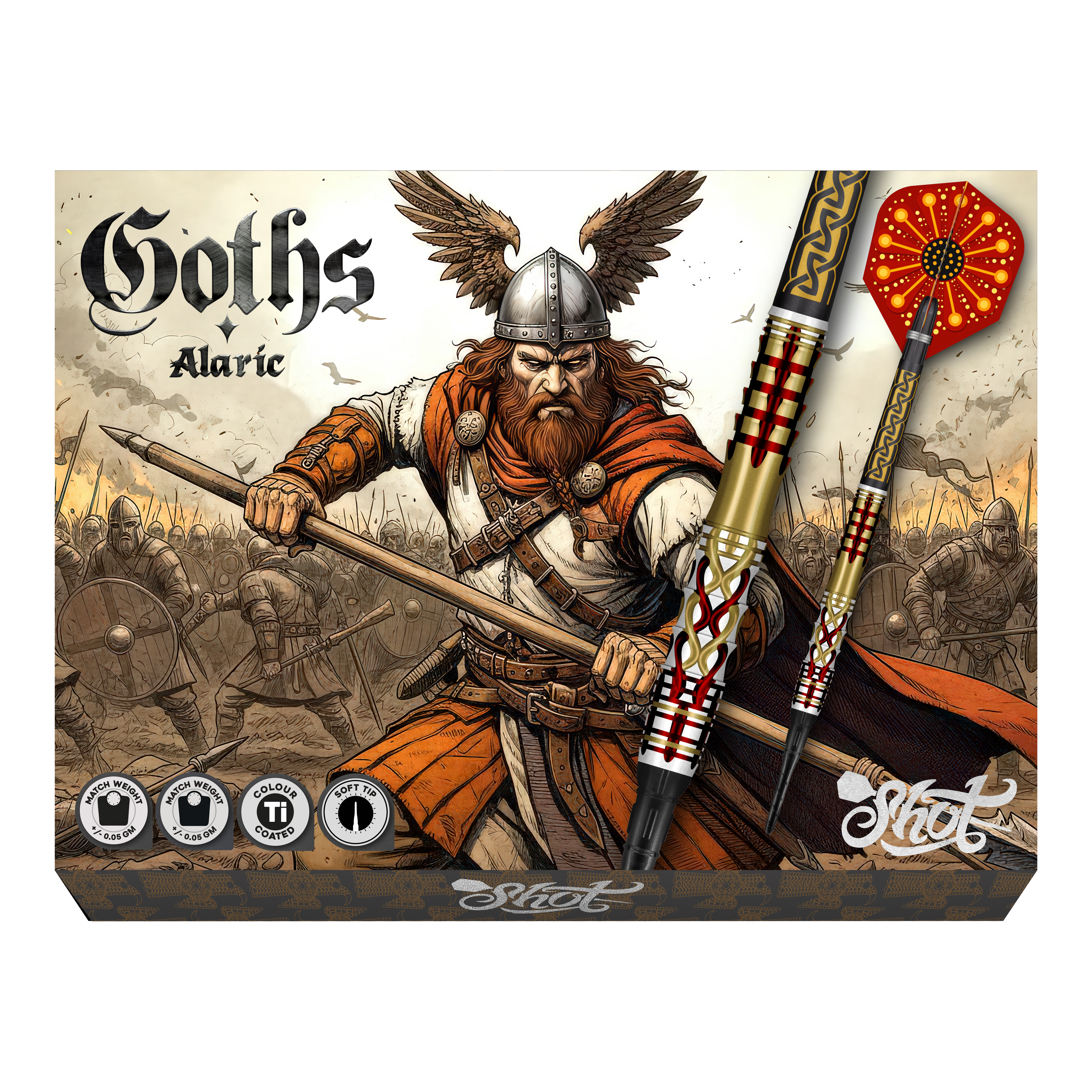 Shot Goths Alaric Soft Darts - 20g Abgebildet sind Shot Goths Alaric Softdarts mit einem Gewicht von 20g. Die Darts eignen sich perfekt für das Softdart-Spiel.