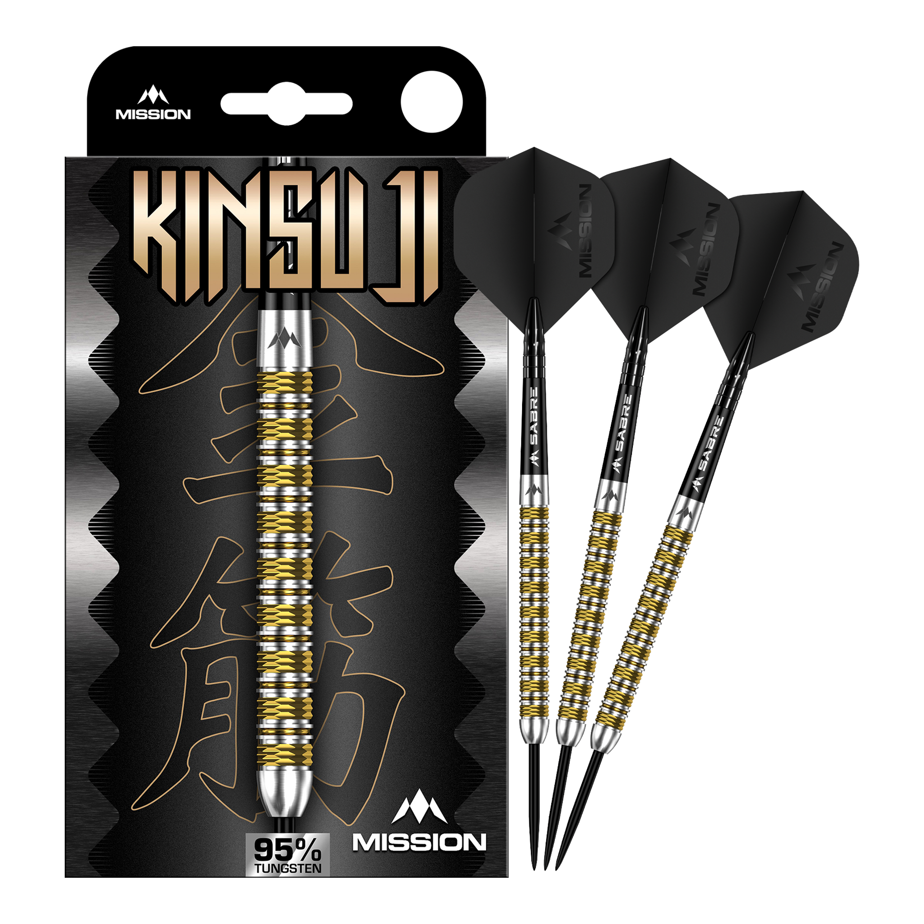 Mission Kinsuji Steeldarts Zu sehen ist ein Satz Mission Kinsuji Steeldarts. Die Dartpfeile sind vollständig dargestellt.