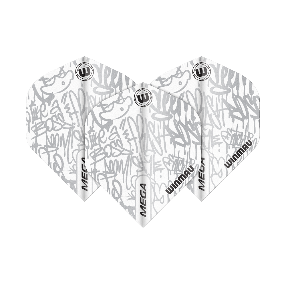 6900-243_Winmau_Mega_White_Standard_Flights_18xYx1XfGFhx3E Auf dem Bild sind drei Winmau Mega White Standard Flights zu sehen. Sie haben ein weißes Design mit grauen Graffiti-Mustern und dem Winmau-Logo.