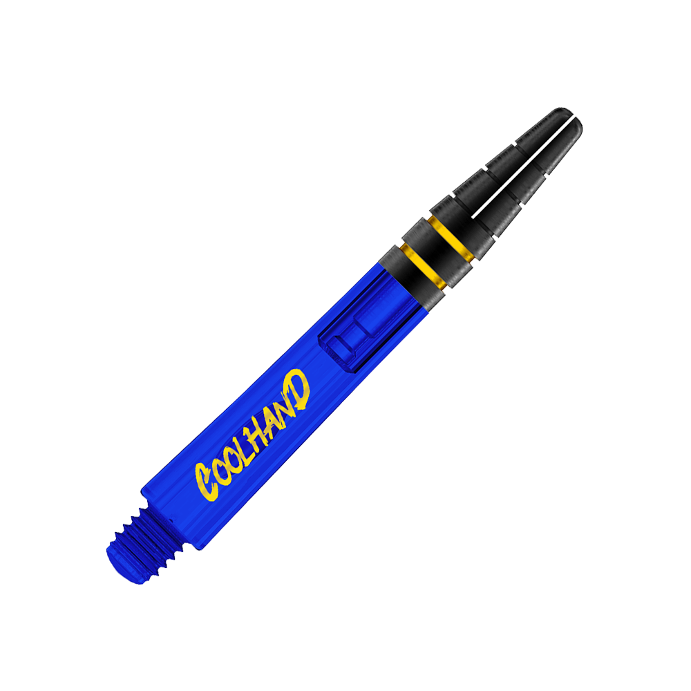 Red Dragon Nitrotech Luke Humphries Coolhand Shafts - Blue Das Bild zeigt einen blauen Dart-Schaft mit der Aufschrift "COOLHAND" in gelber Schrift. Der Schaft hat am oberen Ende schwarze und gelbe Akzente.