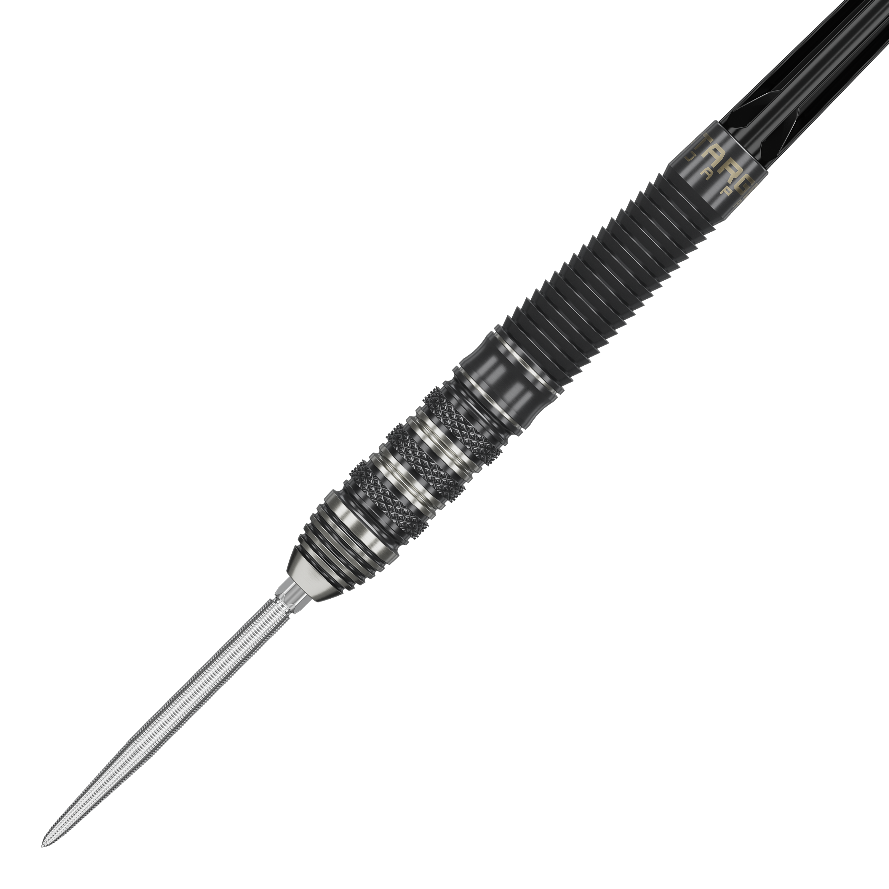 Target Japan Black Marque Armageddon GEN2 Swiss Point Steeldarts Das Bild zeigt einen Target Japan Black Marque Armageddon GEN2 Swiss Point Steeldart. Der Dartpfeil hat ein schwarzes, geriffeltes Griffstück und eine silberne Spitze.