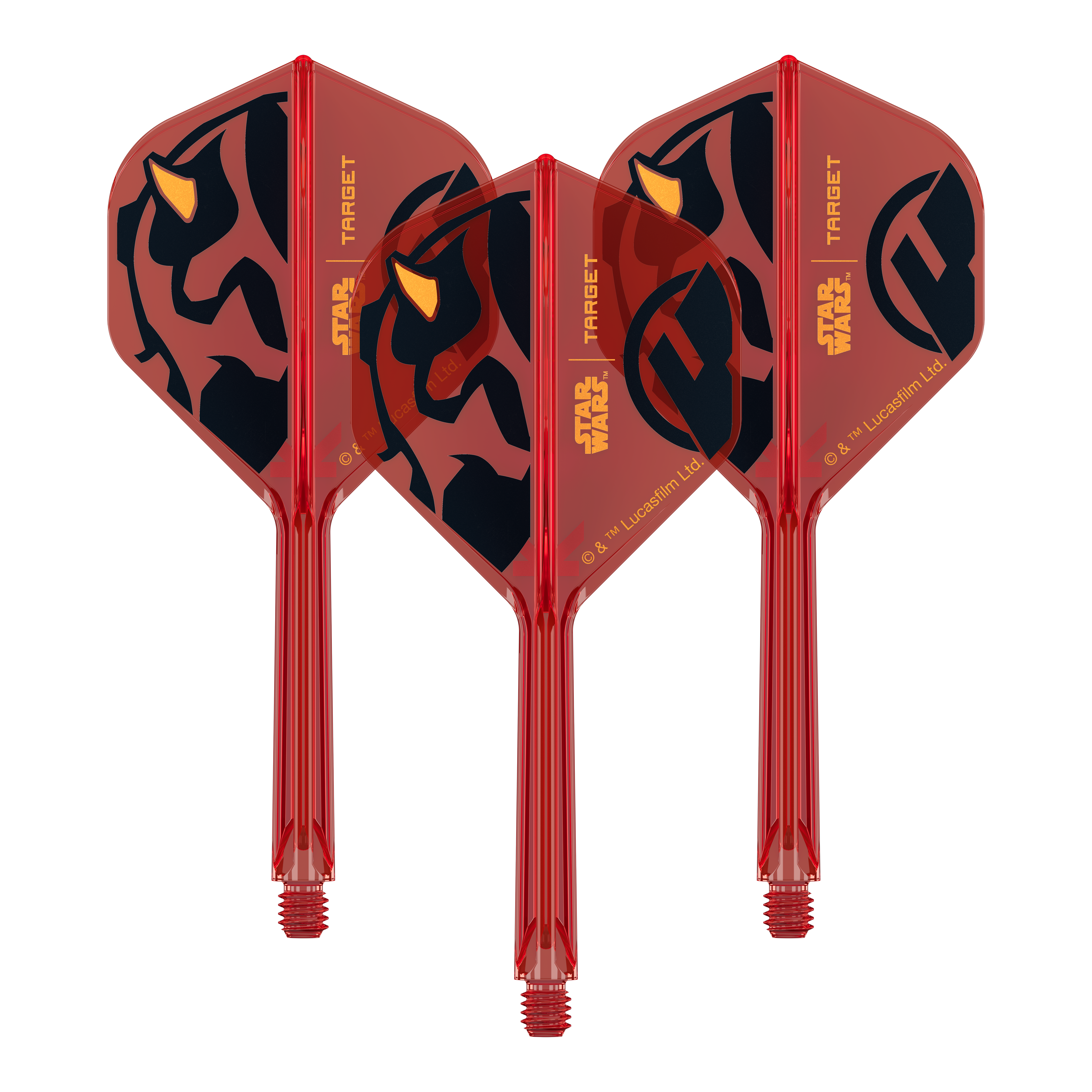 Ein Set von Dart-Flights der Star Wars KFlex Darth Maul No2 Serie ist zu sehen. Die Flights sind mittellang und 33 mm groß.