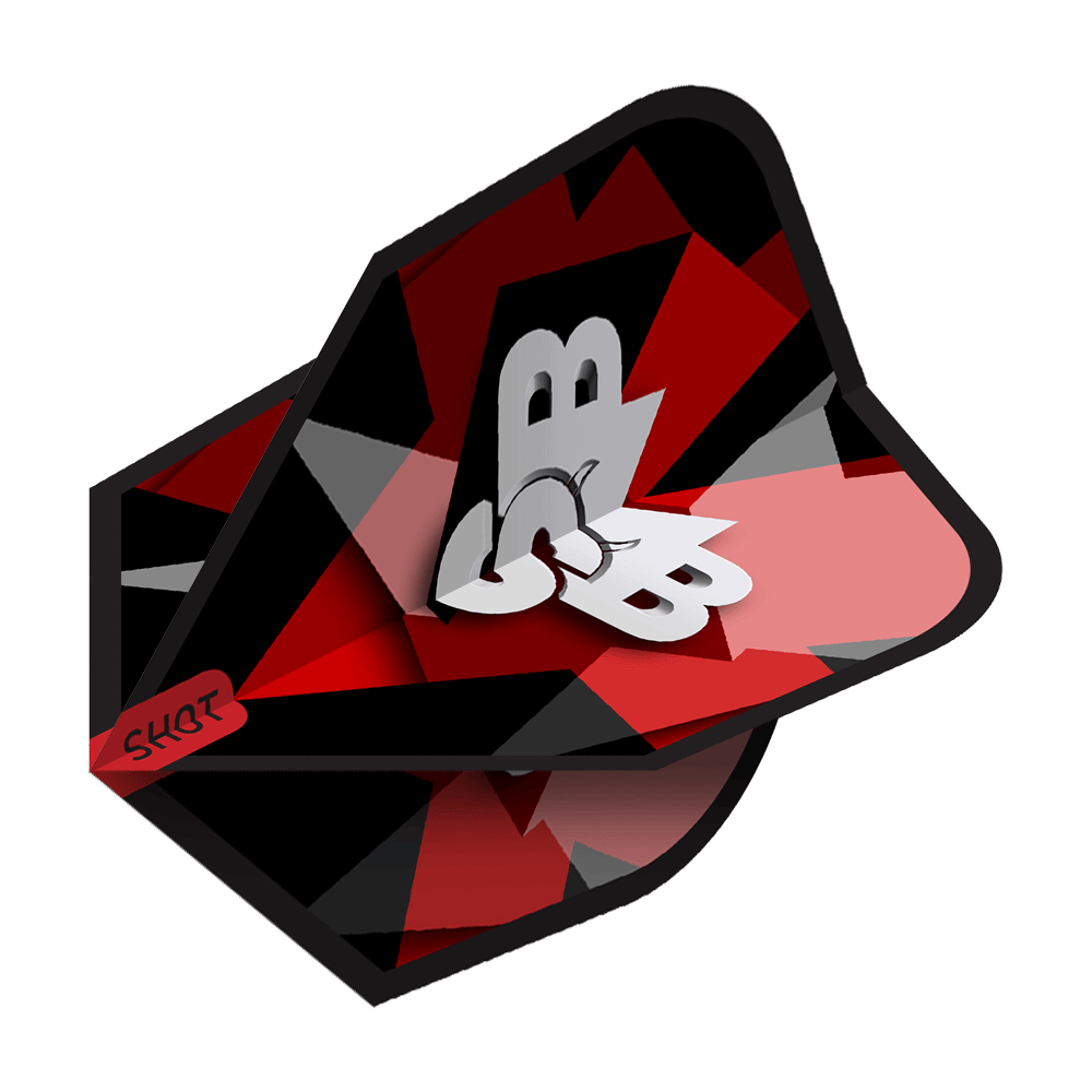 Shot Michael Smith Defiant No6 Flights Das Bild zeigt ein Dartflugblatt mit dem Namen "Shot Michael Smith Defiant No6 Flights". Es hat ein auffälliges geometrisches Muster in Rot, Schwarz und Grau mit den Buchstaben "SB" in der Mitte.