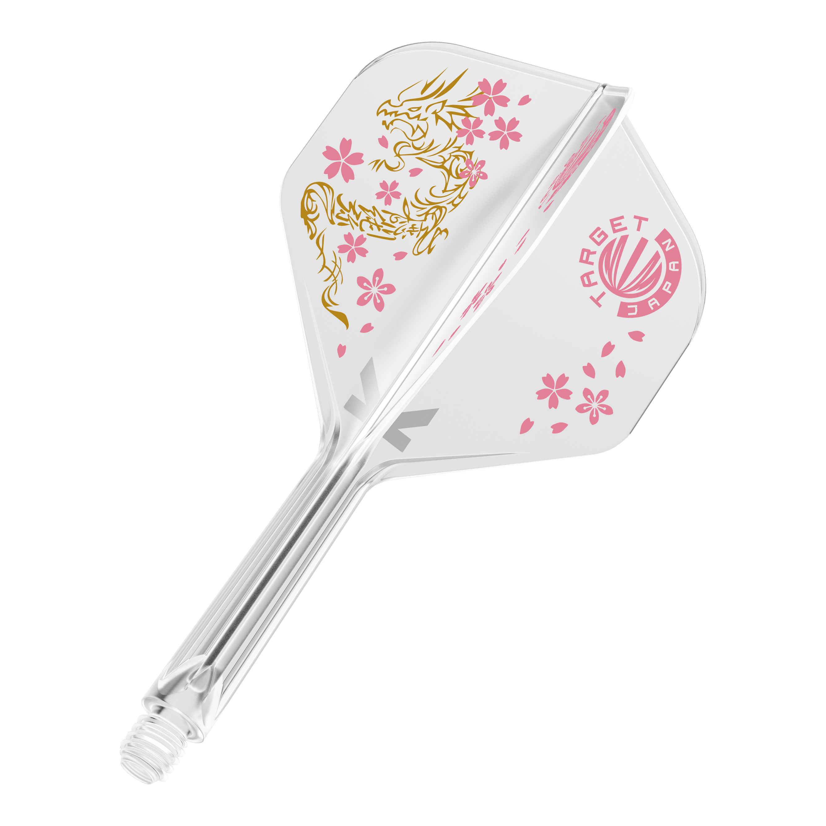 Target Japan K-Flex Smash No2 Standard Flight-Shaft-System Das Bild zeigt das Produkt "Target Japan K-Flex Smash No2 Standard Flight-Shaft-System". Es ist durchsichtig mit rosa Kirschblüten und einem goldenen Drachen verziert.
