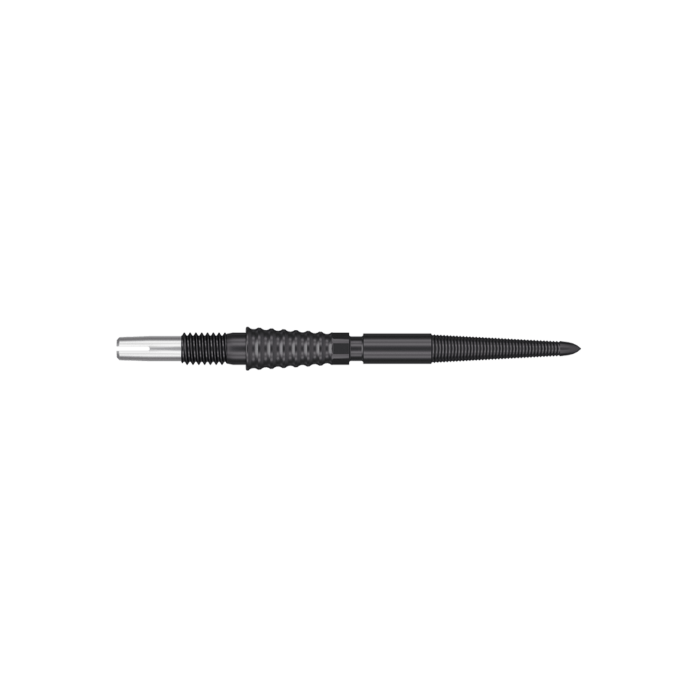 Target Swiss Storm LNC dart tips - Black Auf dem Bild ist eine schwarze Dartspitze mit geriffeltem Griff zu sehen. Sie ist lang und hat an einem Ende ein silbernes Verbindungsstück.