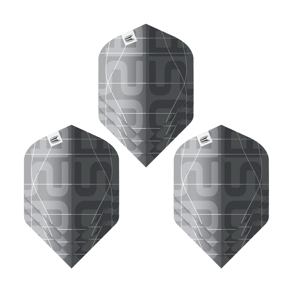 Target Pro Ultra Aspinall X Echo No2 Standard Flights - 3 sets Das Bild zeigt drei schwarze und graue Dartflights mit modernem Muster. Es handelt sich um das Produkt "Target Pro Ultra Aspinall X Echo No2 Standard Flights - 3 Sets".