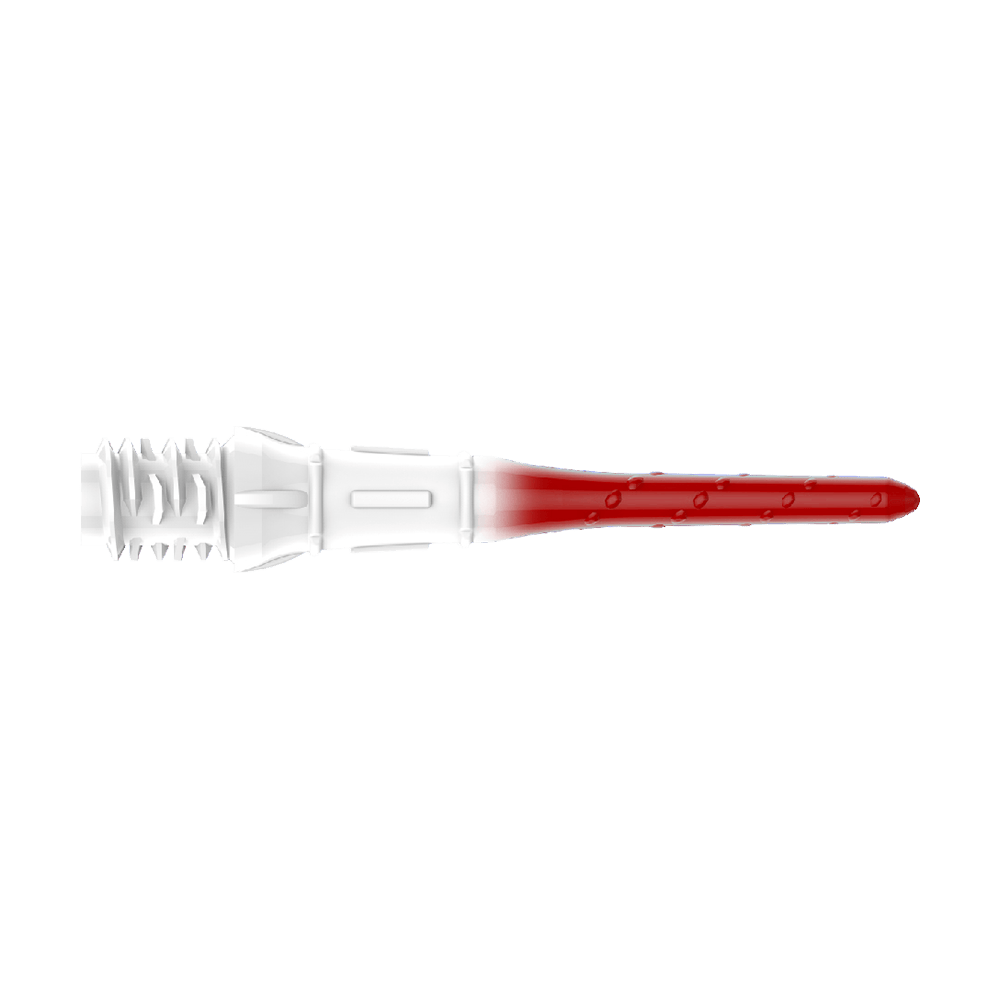 L-Style Premium Lippoint Gradiation Dart Tips (Pack of 30) Das Bild zeigt eine Dartspitze mit einem Farbverlauf von Weiß zu Rot. Die Spitze hat ein gezacktes Gewinde auf der linken Seite und ist glatt auf der rechten Seite.