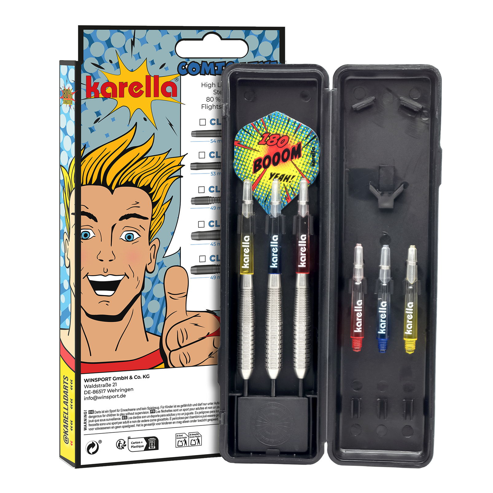 Karella Comic Line CL-4 steel darts - 23g Abgebildet sind die Karella Comic Line CL-4 Steeldarts - 23g. Die Darts haben ein modernes Design und eine spezielle Gewichtsverteilung.