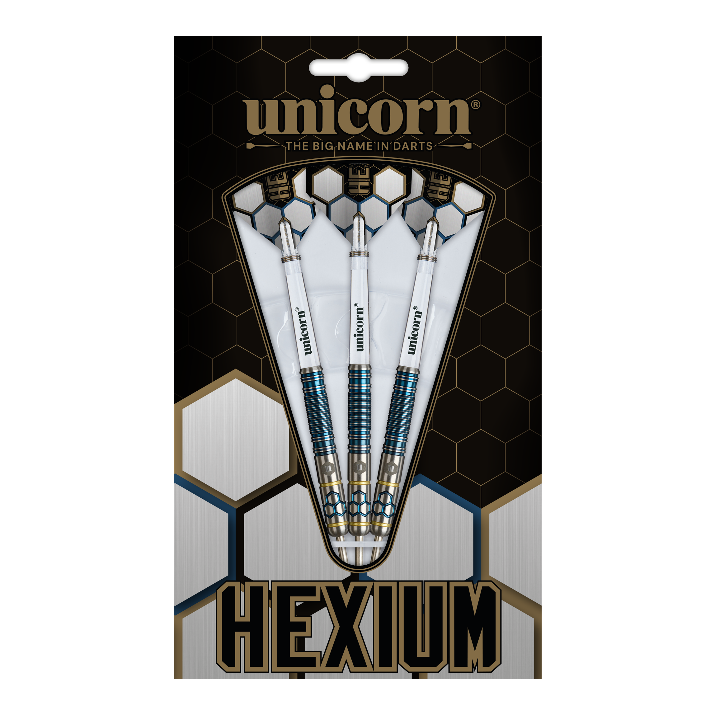 Unicorn Hexium Style 02 Blue & Gold Steeldarts Das Bild zeigt die Unicorn Hexium Style 02 Blue & Gold Steeldarts. Die Darts sind in Blau und Gold designt.