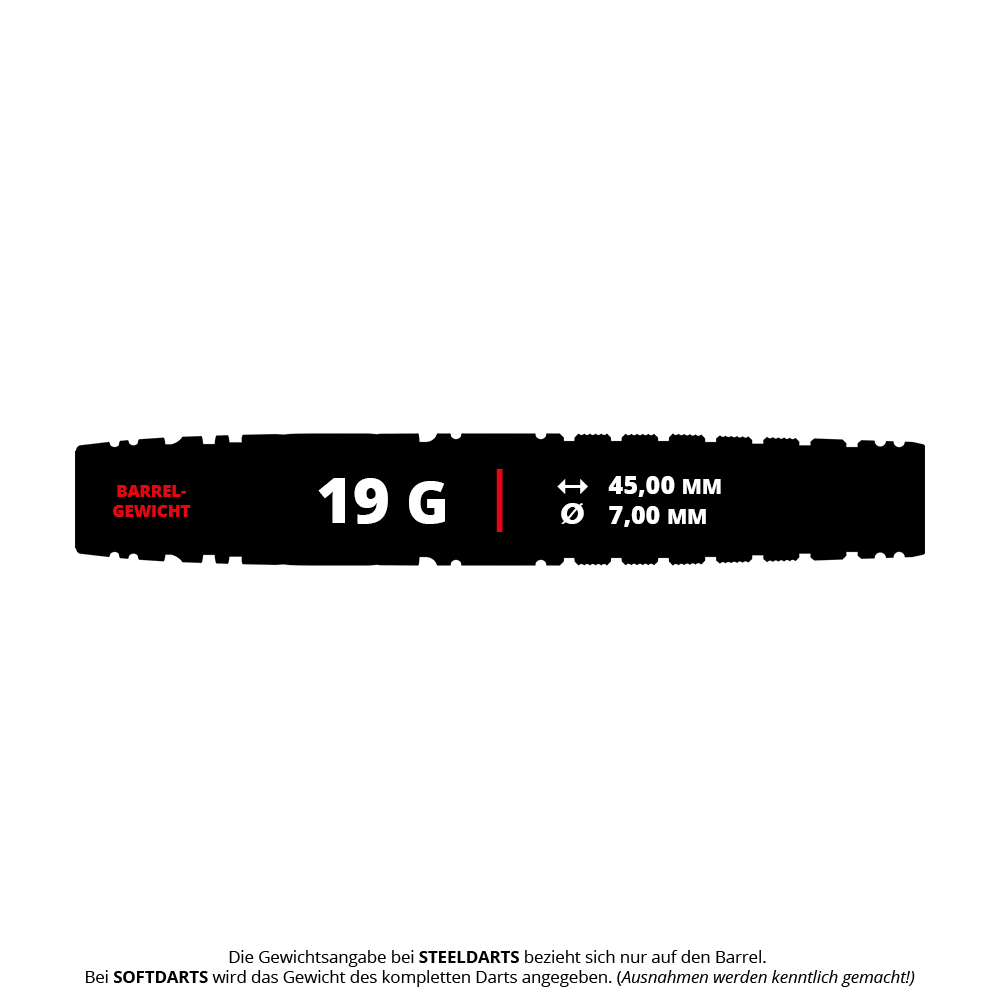 Das Bild zeigt die Produktinformationen für "Target Japan Black Marque Chaos 2 Softdarts - 19g". Der Dart hat ein Barrel-Gewicht von 19 Gramm, ist 45,00 mm lang und hat einen Durchmesser von 7,00 mm.